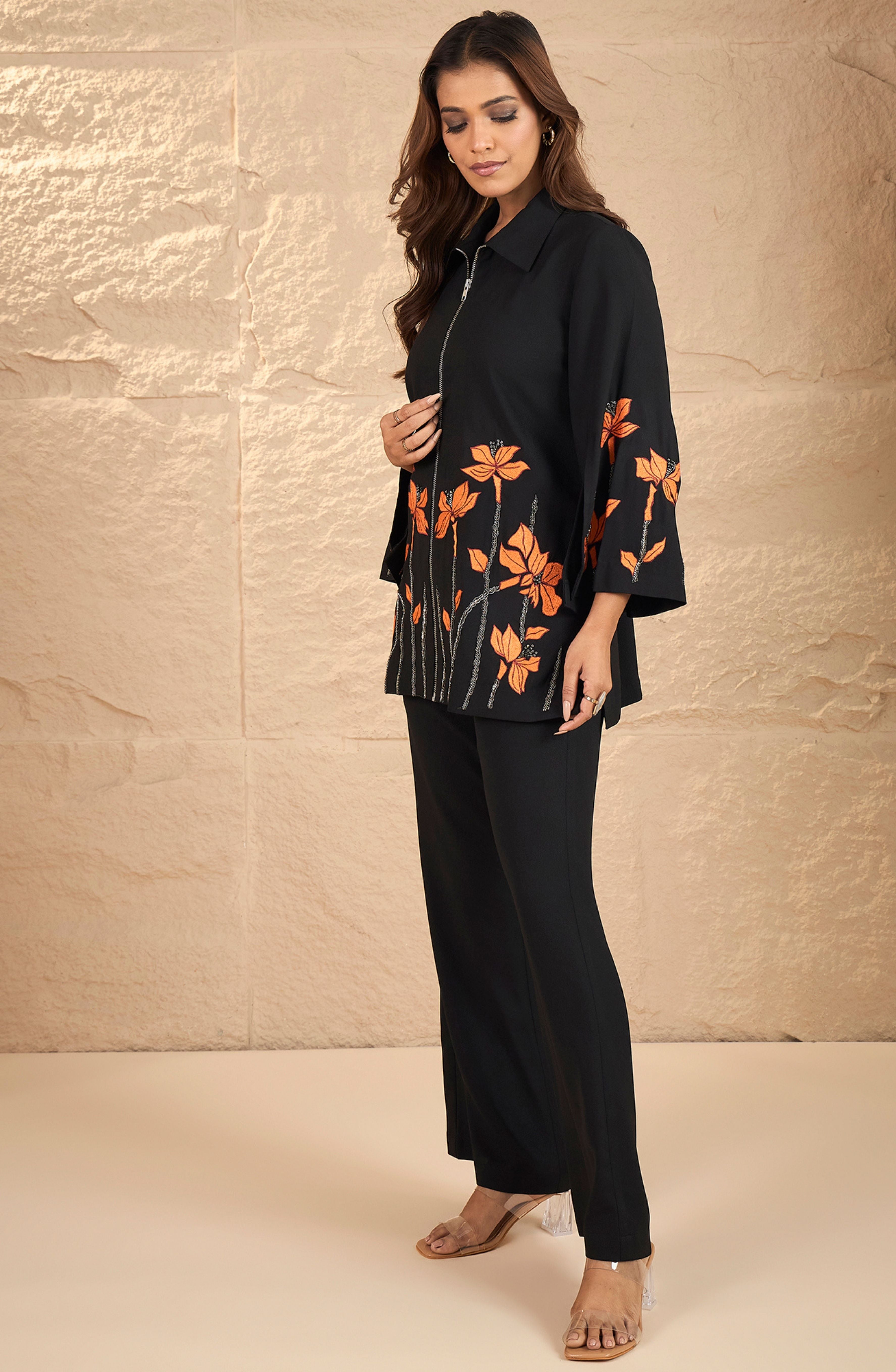 Black Floral Zipper Co-Ord Set