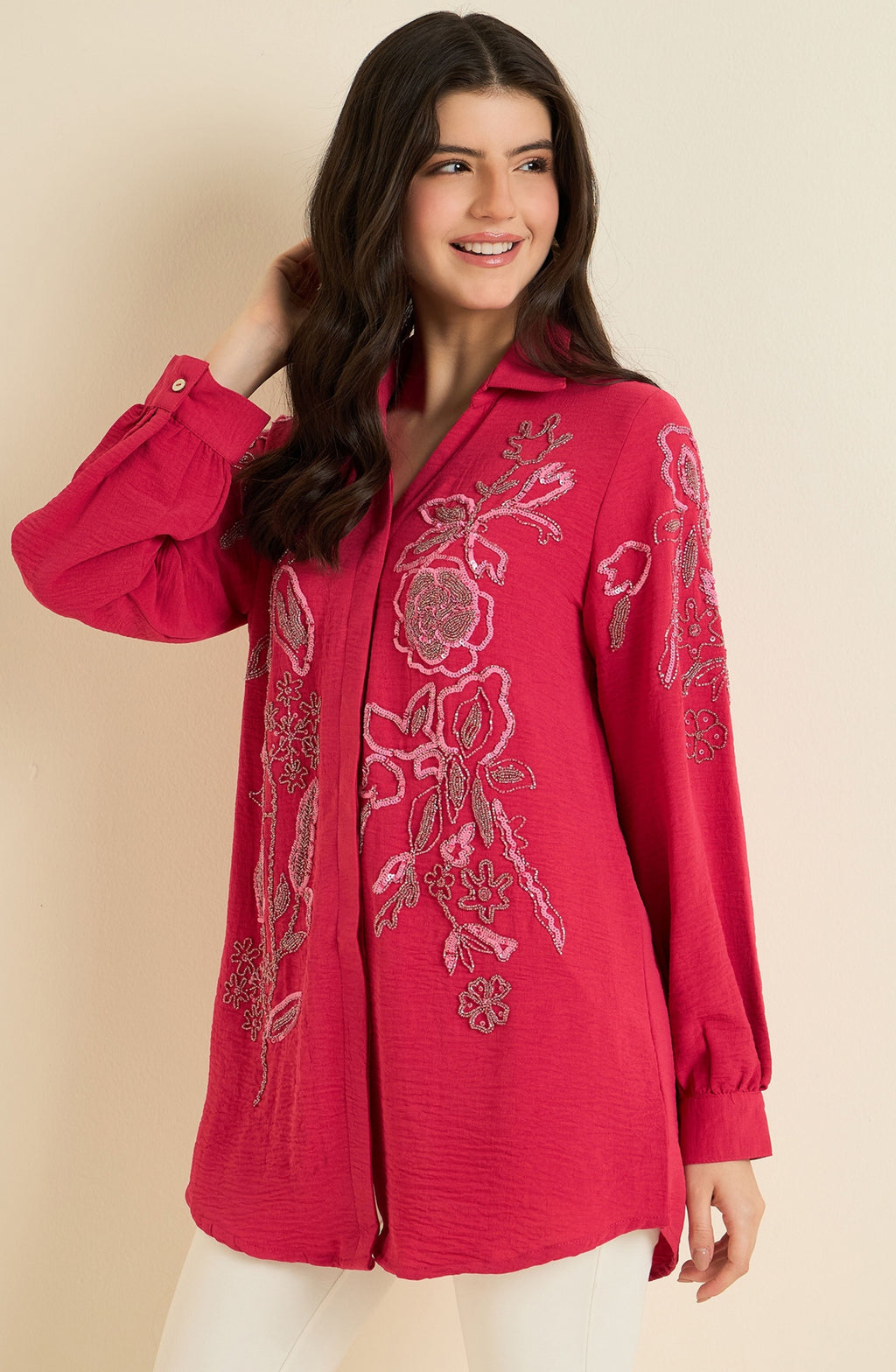 Fuchsia Pink Shirt with Sequin Rose Embroidery