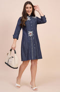 Denim Shirt Dress with Floral Beaded Embroidery