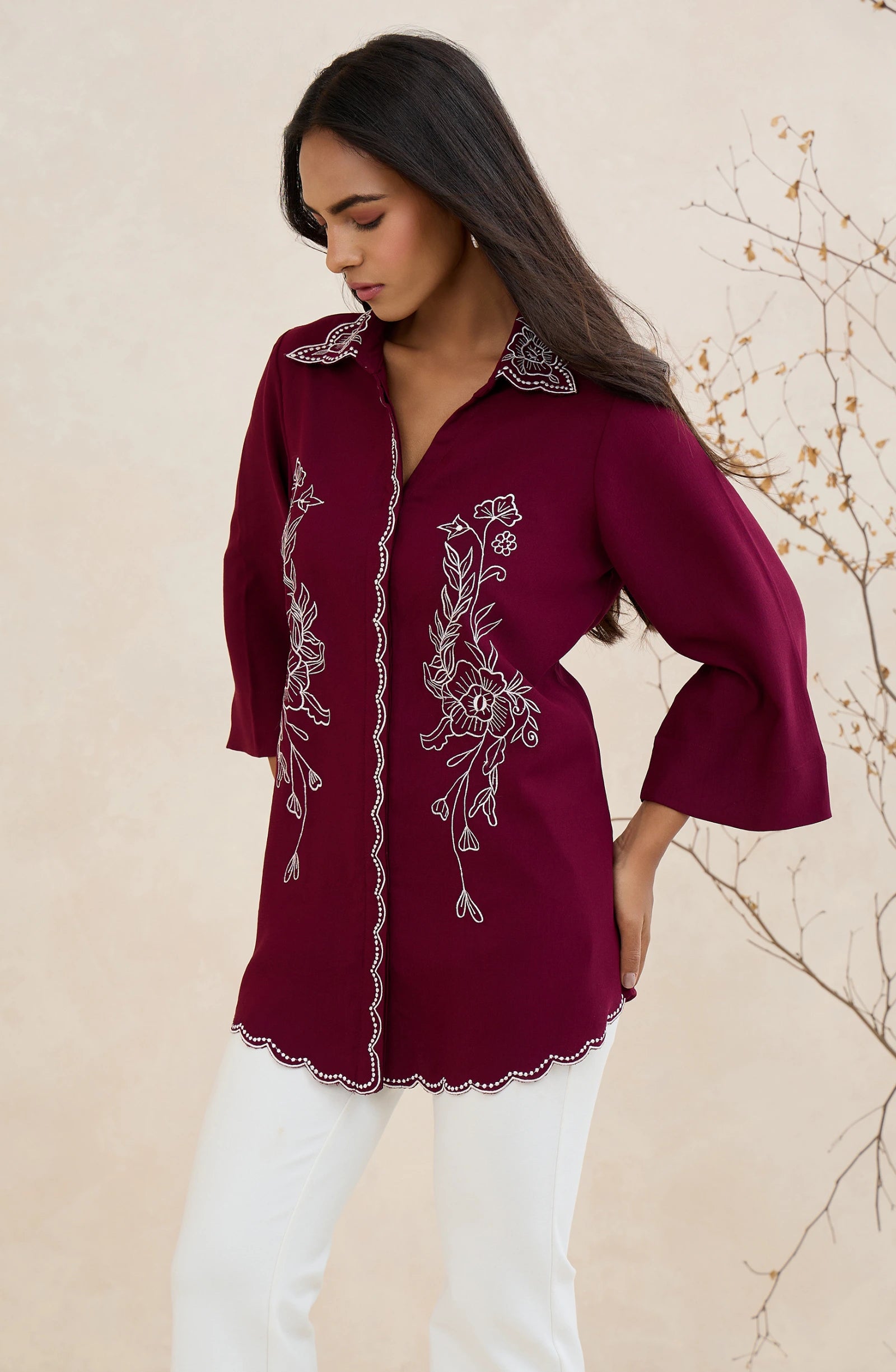 Wine Heirloom Embroidered Shirt