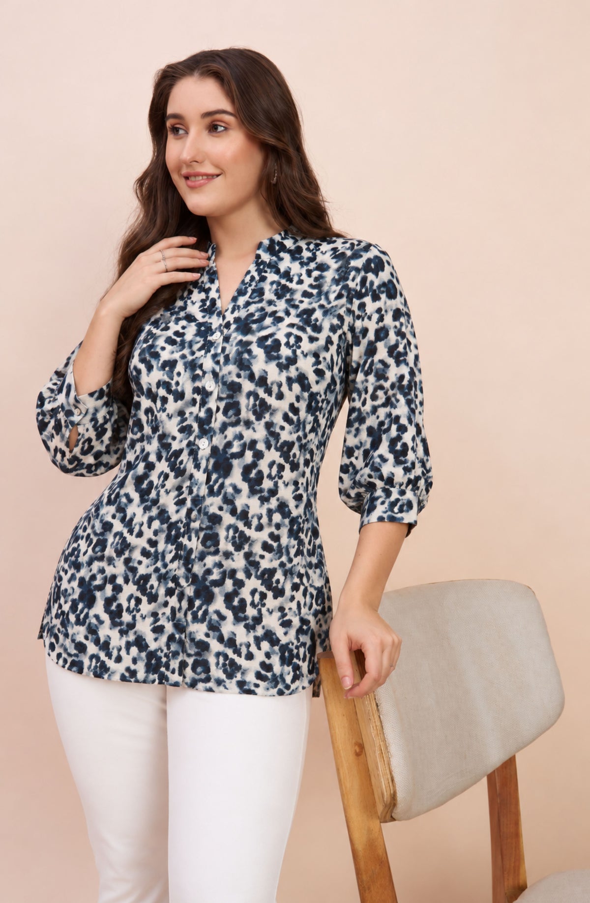 Navy Blue & White Leopard Print Shirt