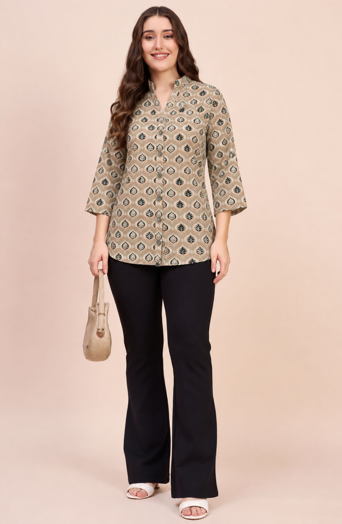 Sage Beige Ethnic Leaf Print Shirt