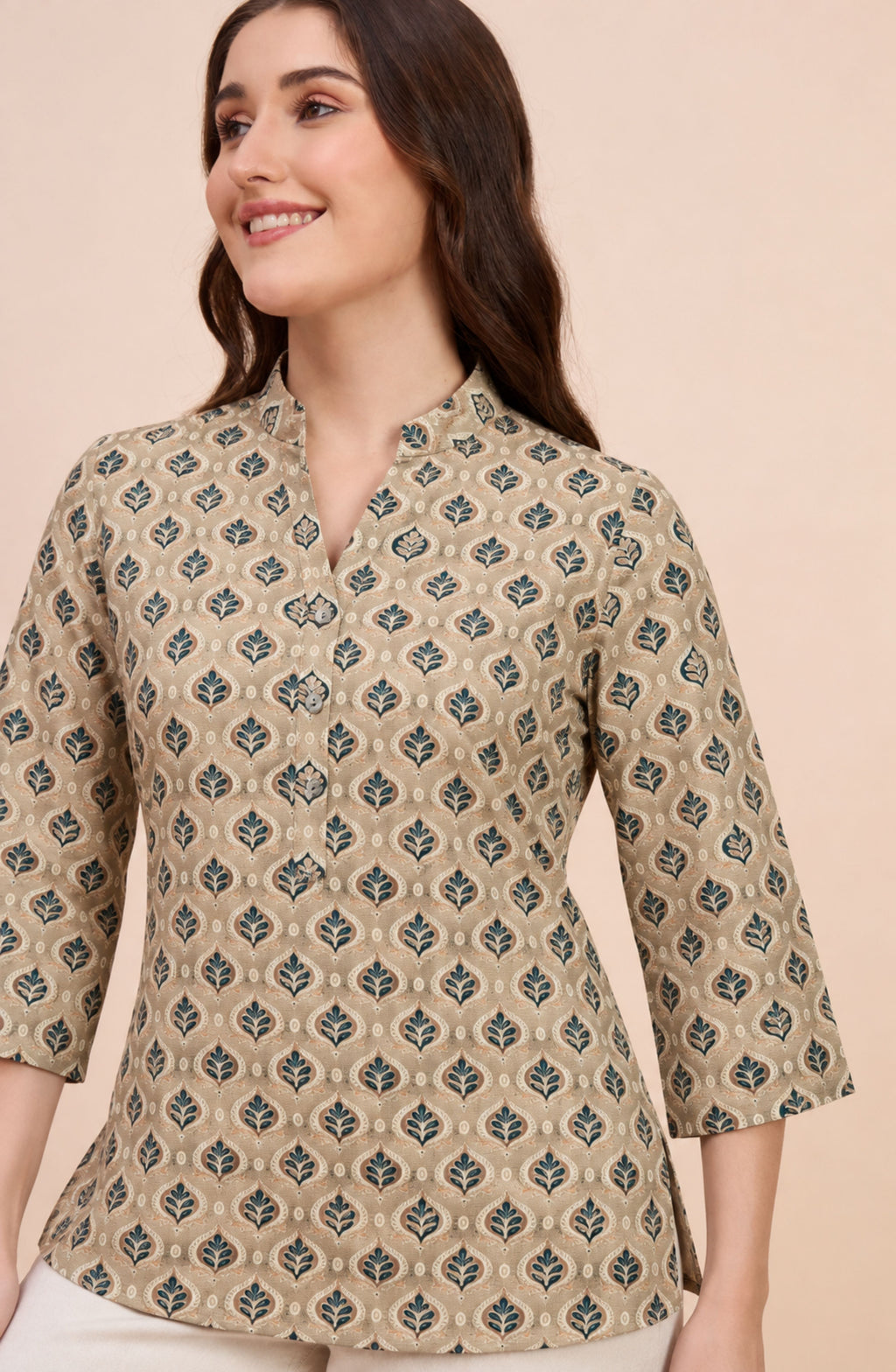 Sage Beige Ethnic Leaf Print Shirt