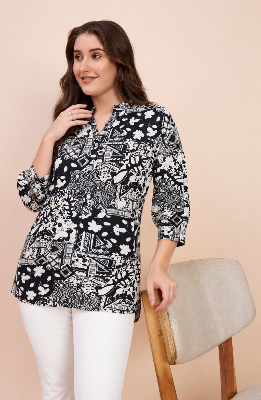 Black & Cream Abstract Tribal Print Shirt