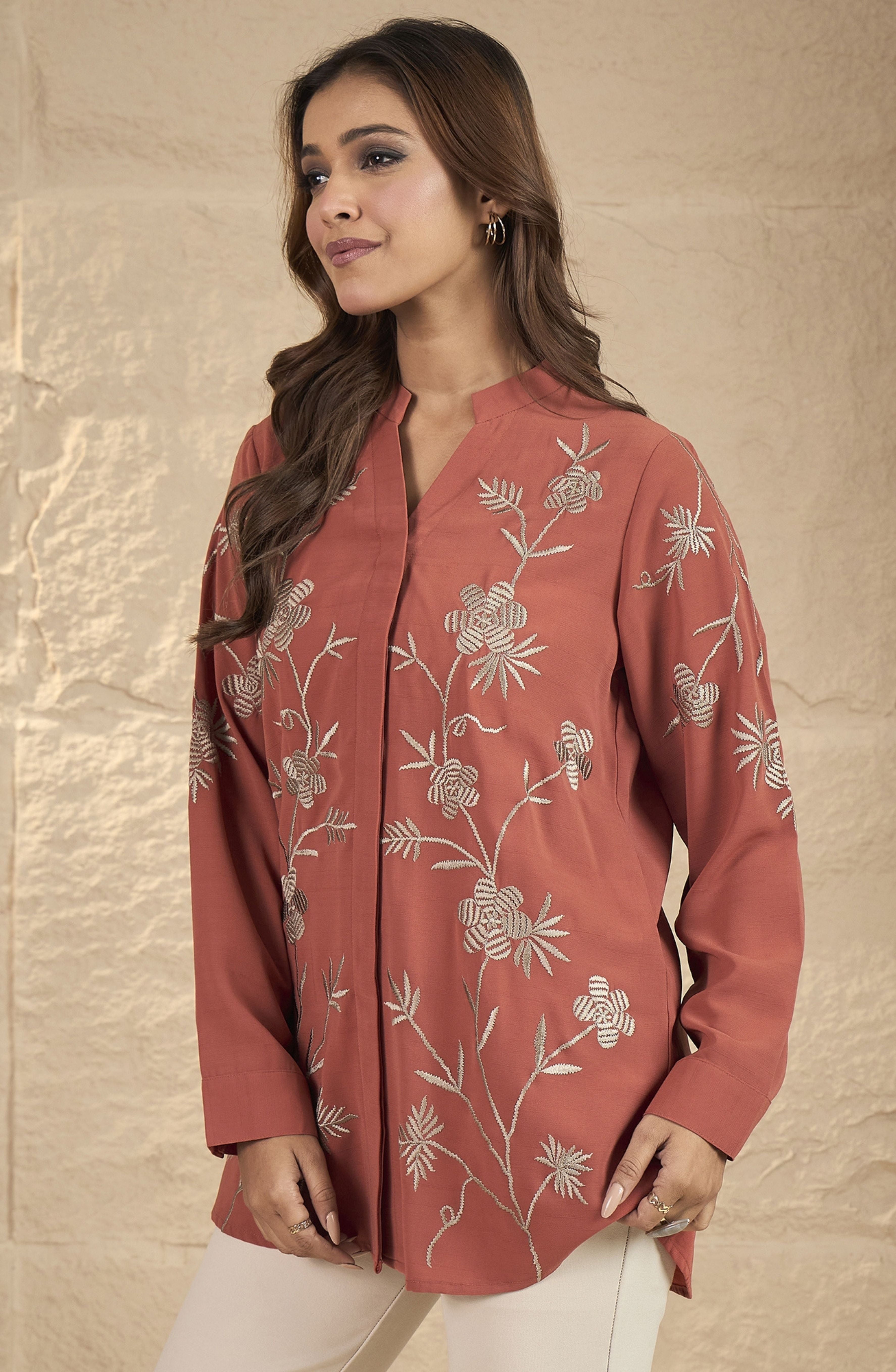 Rust Orange Floral Embroidered Shirt