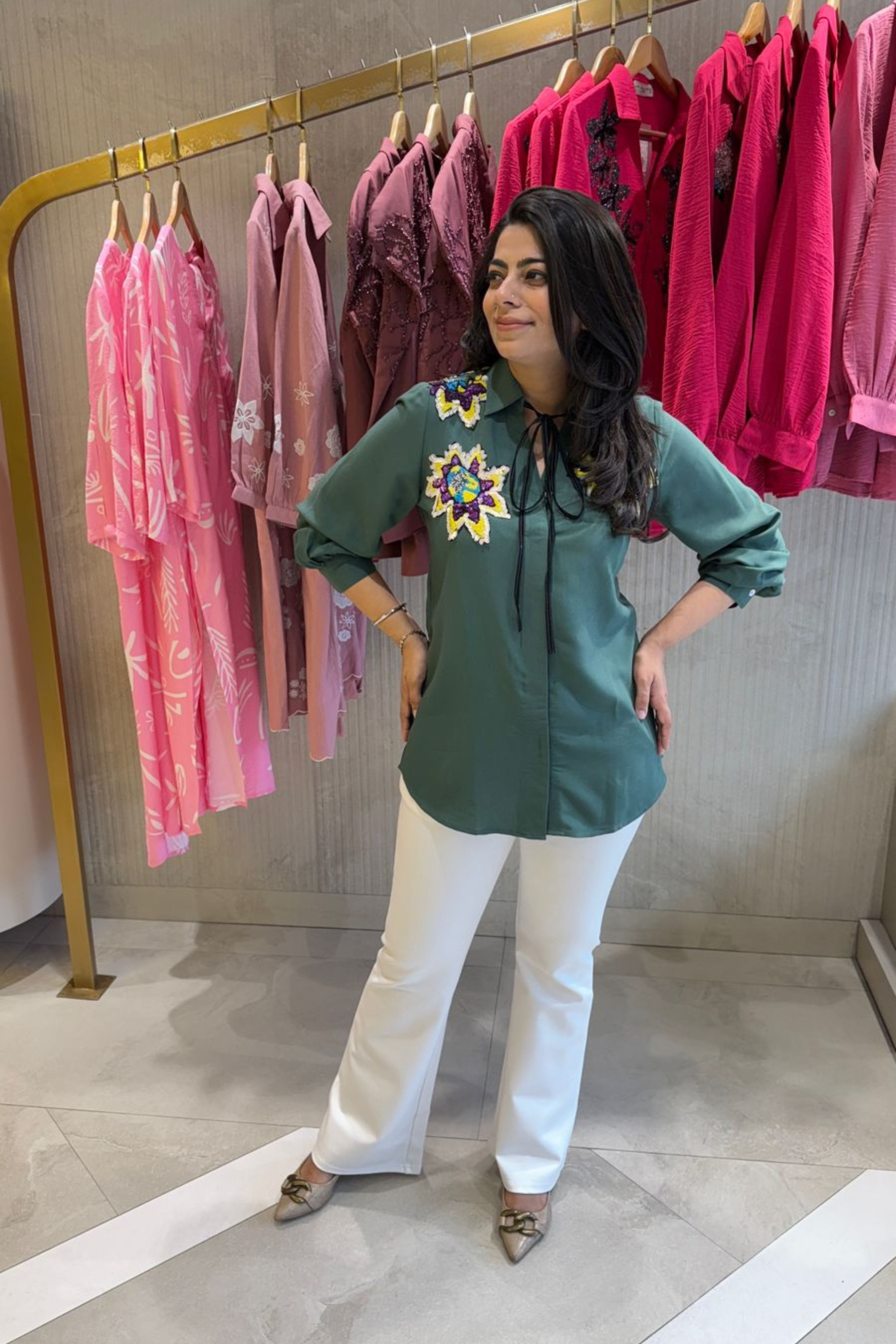 Embellished Knot Style Bottle Green Shirt