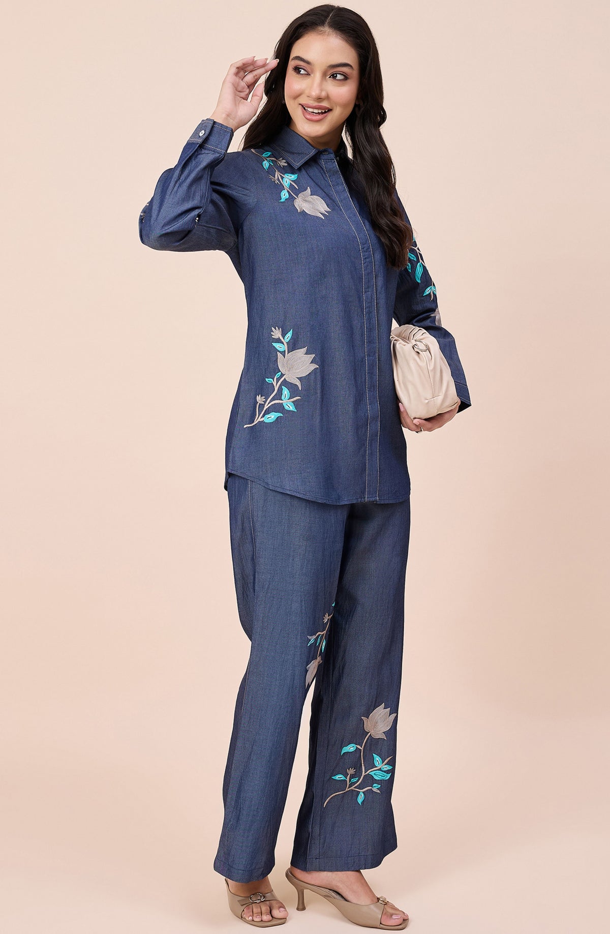 Cotton Denim Floral Embroidered Co-ord Set