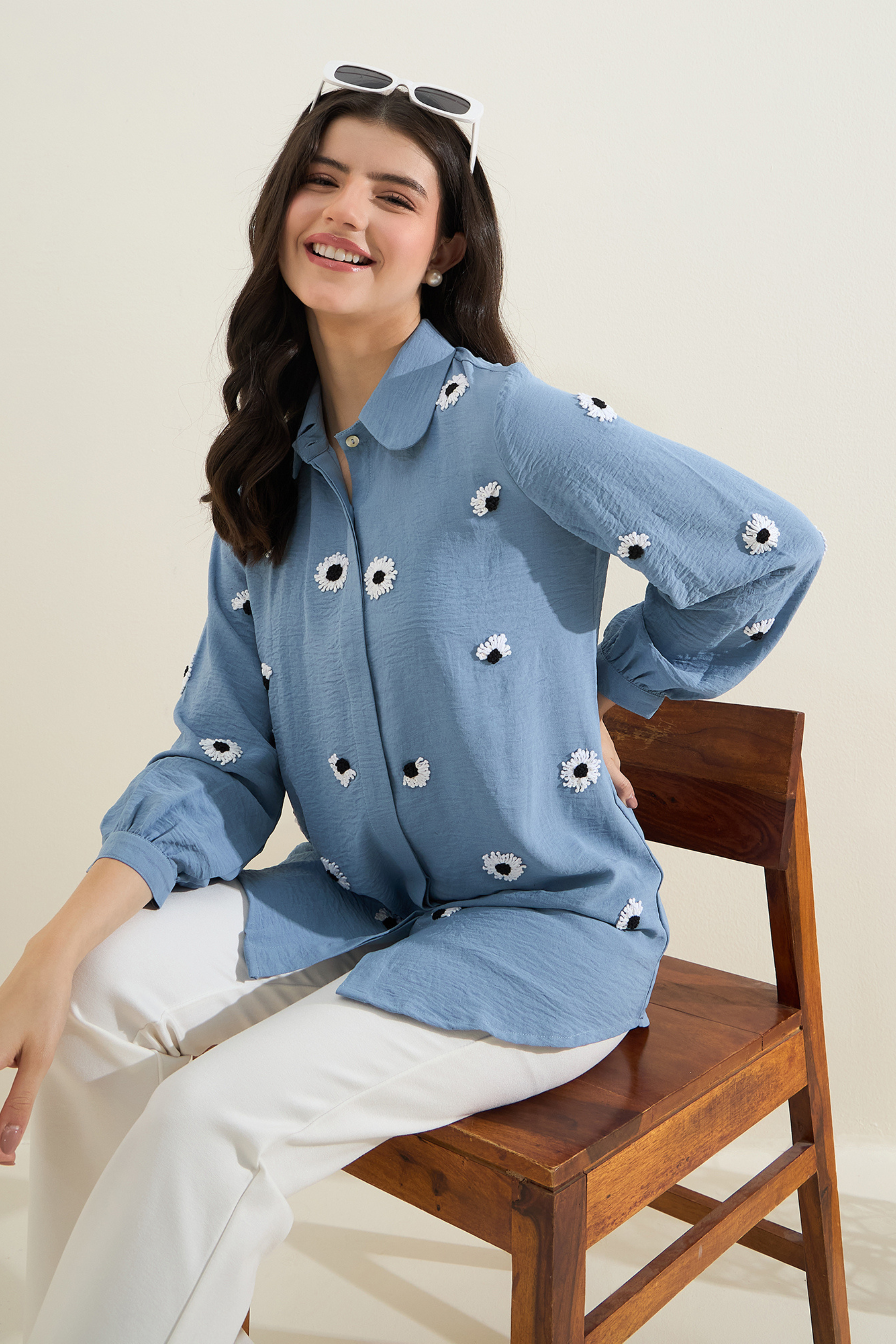 Blue Floral Embroidered Shirt