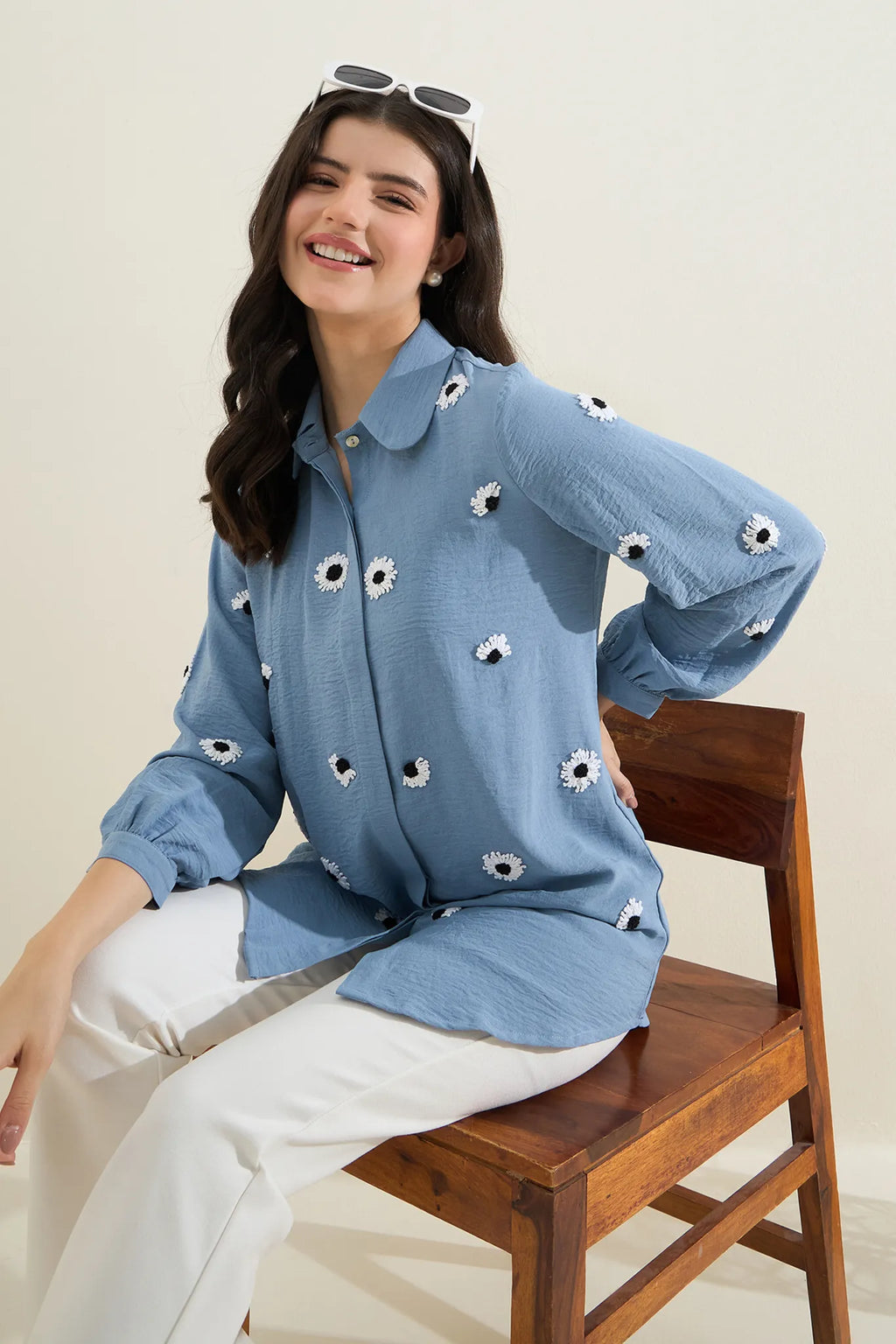 Blue Floral Embroidered Shirt