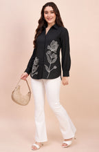 Black Silver Beaded Floral Shirt