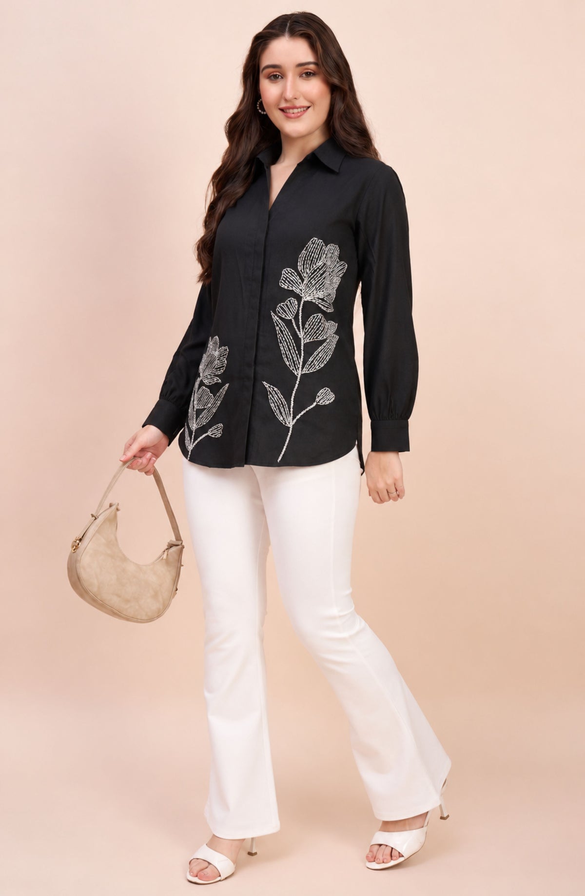 Black Silver Beaded Floral Shirt