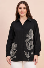 Black Silver Beaded Floral Shirt