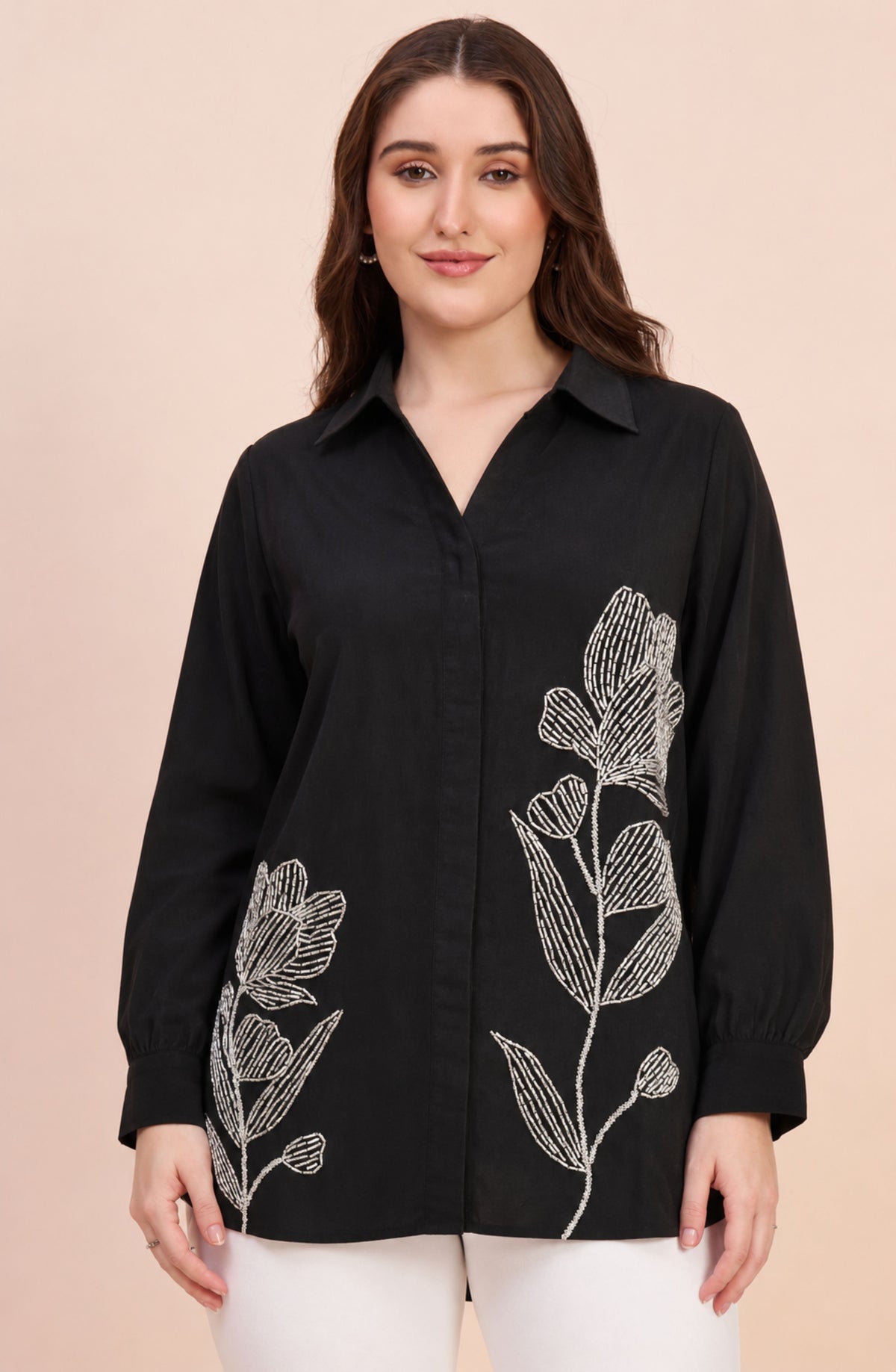 Black Silver Beaded Floral Shirt
