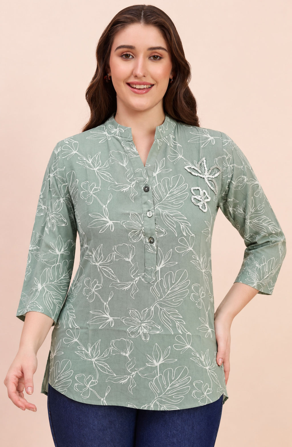 Sage Grey Line Art Floral Print Shirt