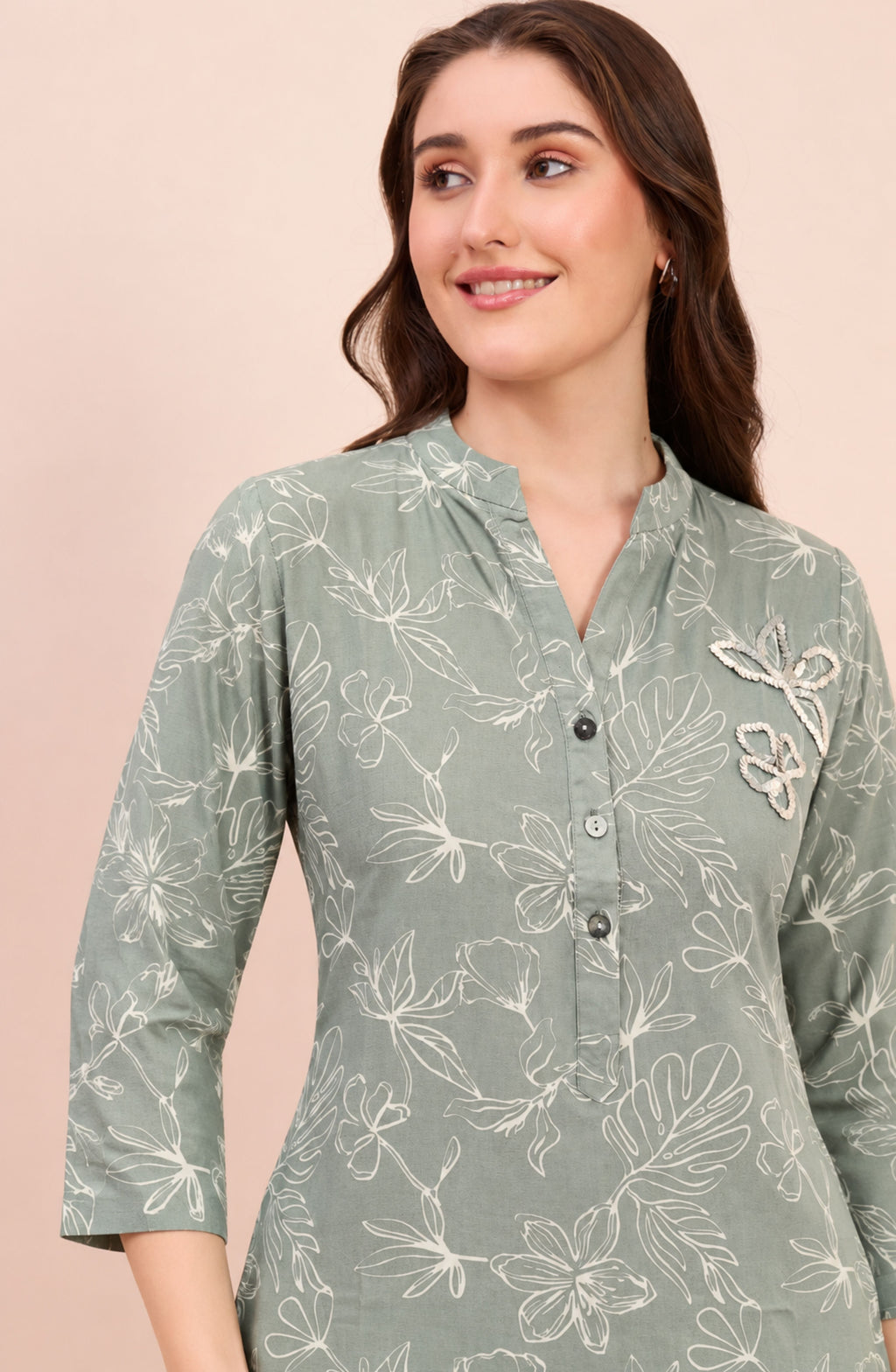 Sage Grey Line Art Floral Print Shirt