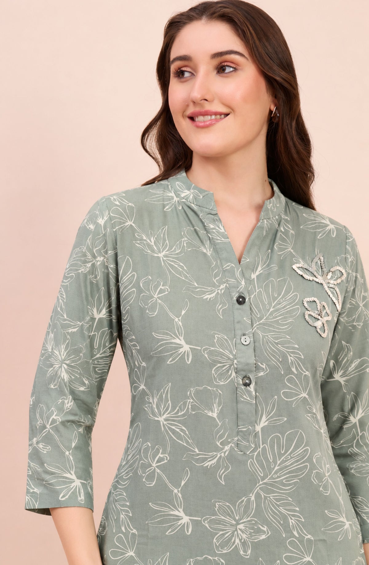 Sage Grey Line Art Floral Print Shirt