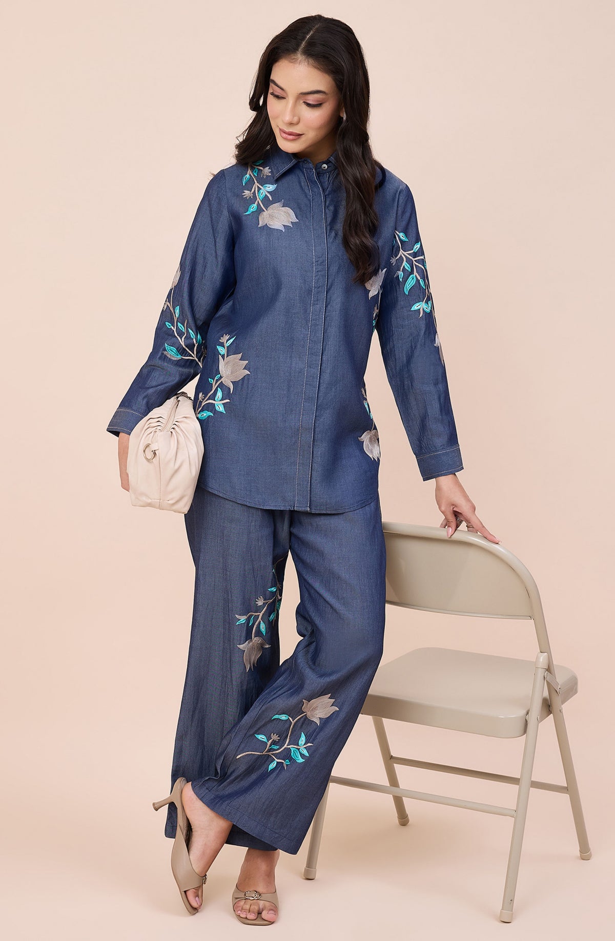 Cotton Denim Floral Embroidered Co-ord Set