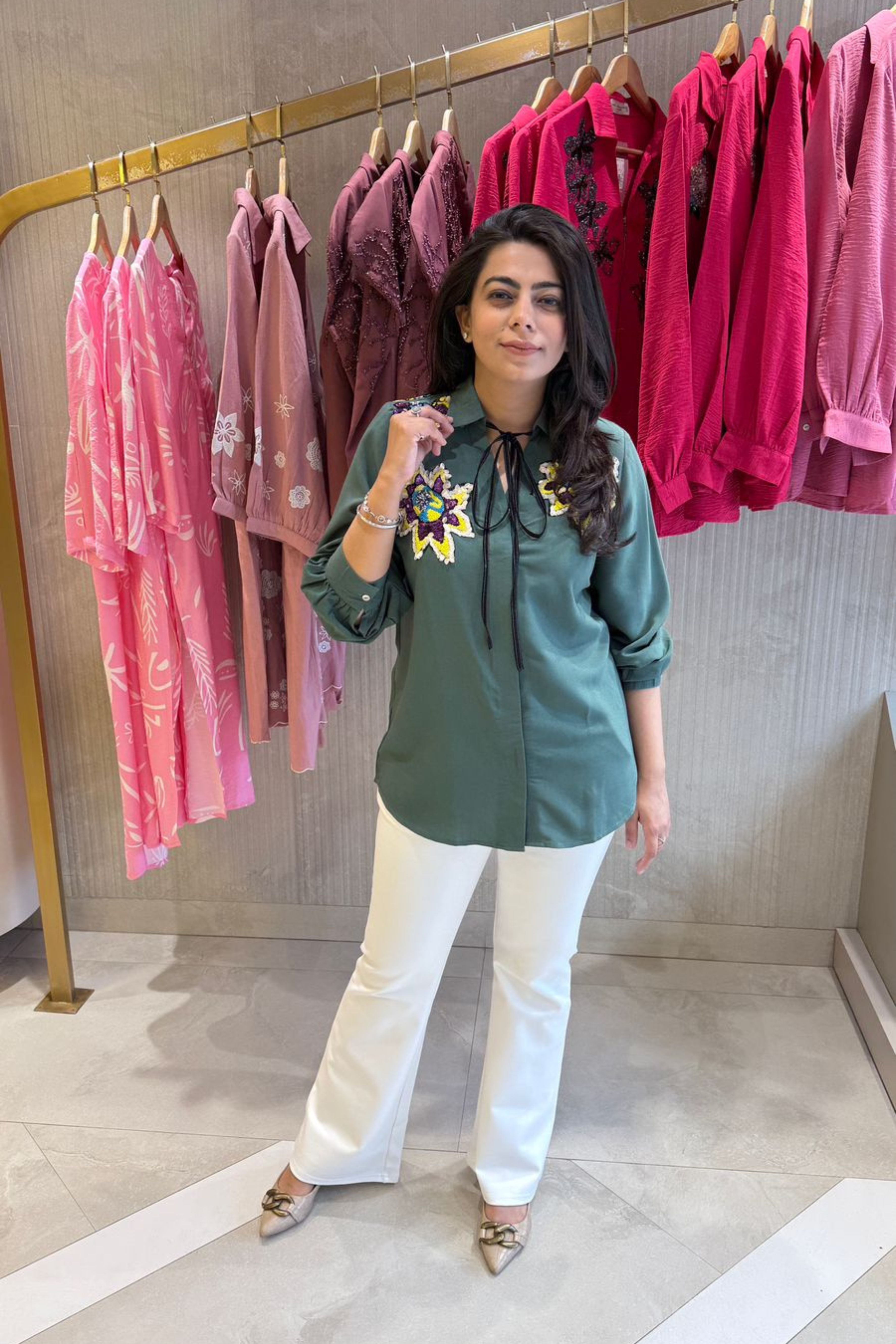 Embellished Knot Style Bottle Green Shirt