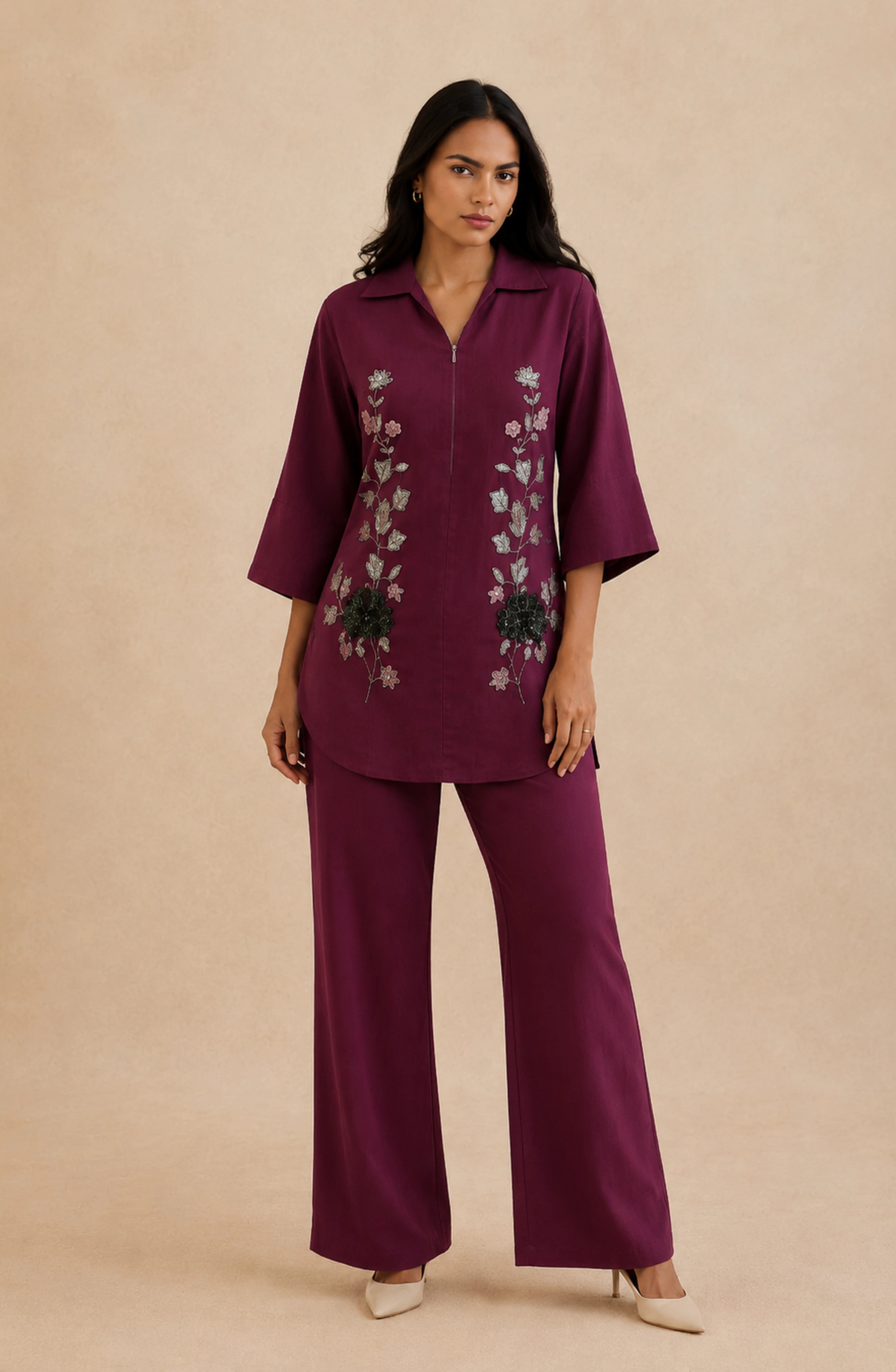 Wine Floral Embellished Co-Ord Set