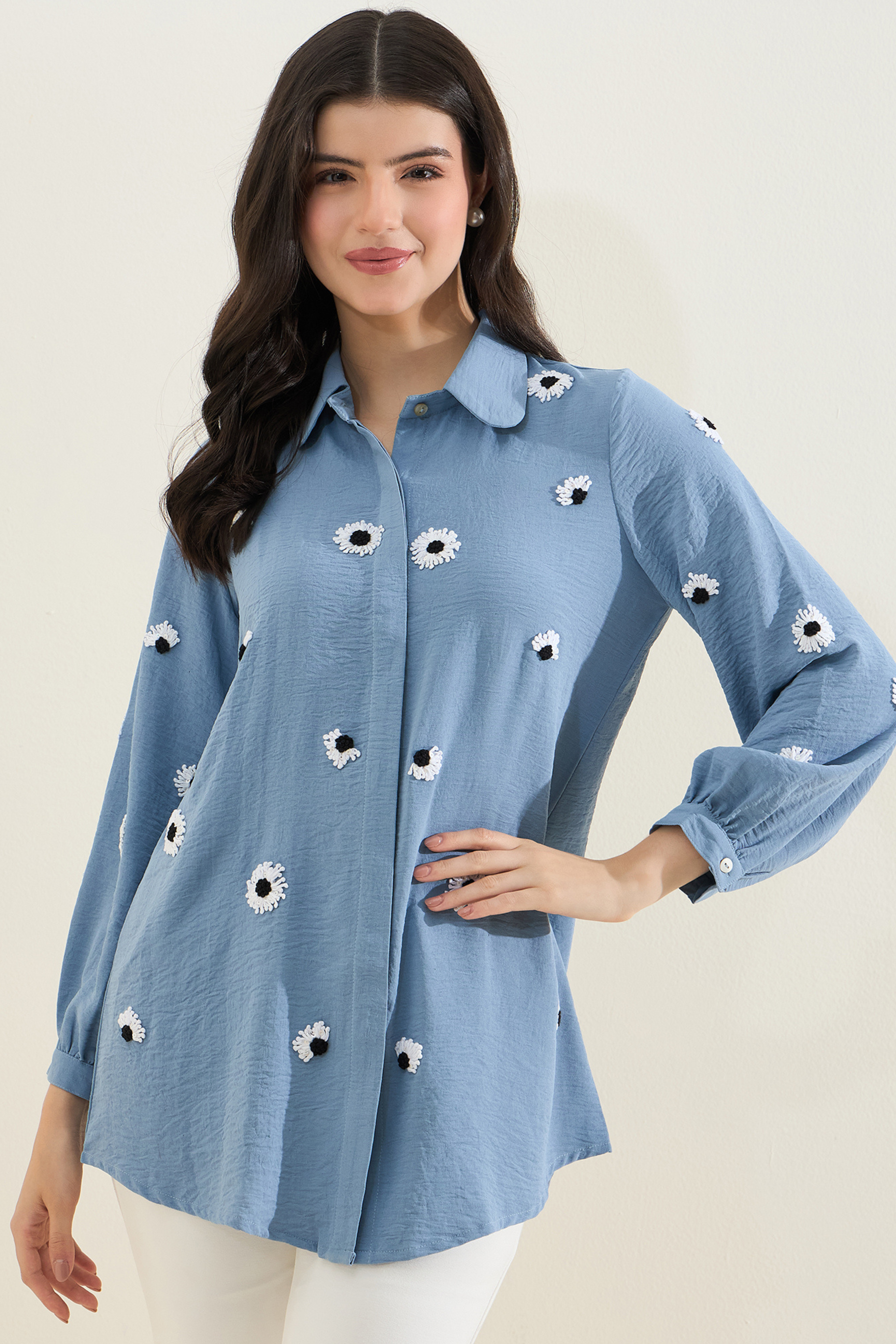 Blue Floral Embroidered Shirt