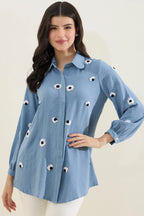 Blue Floral Embroidered Shirt