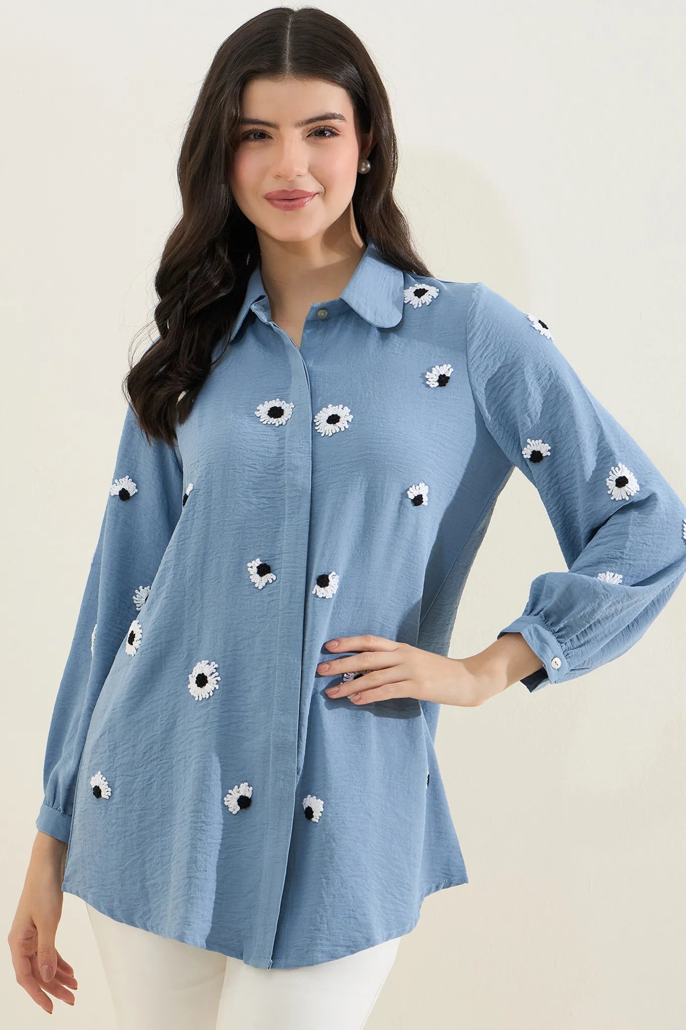 Blue Floral Embroidered Shirt