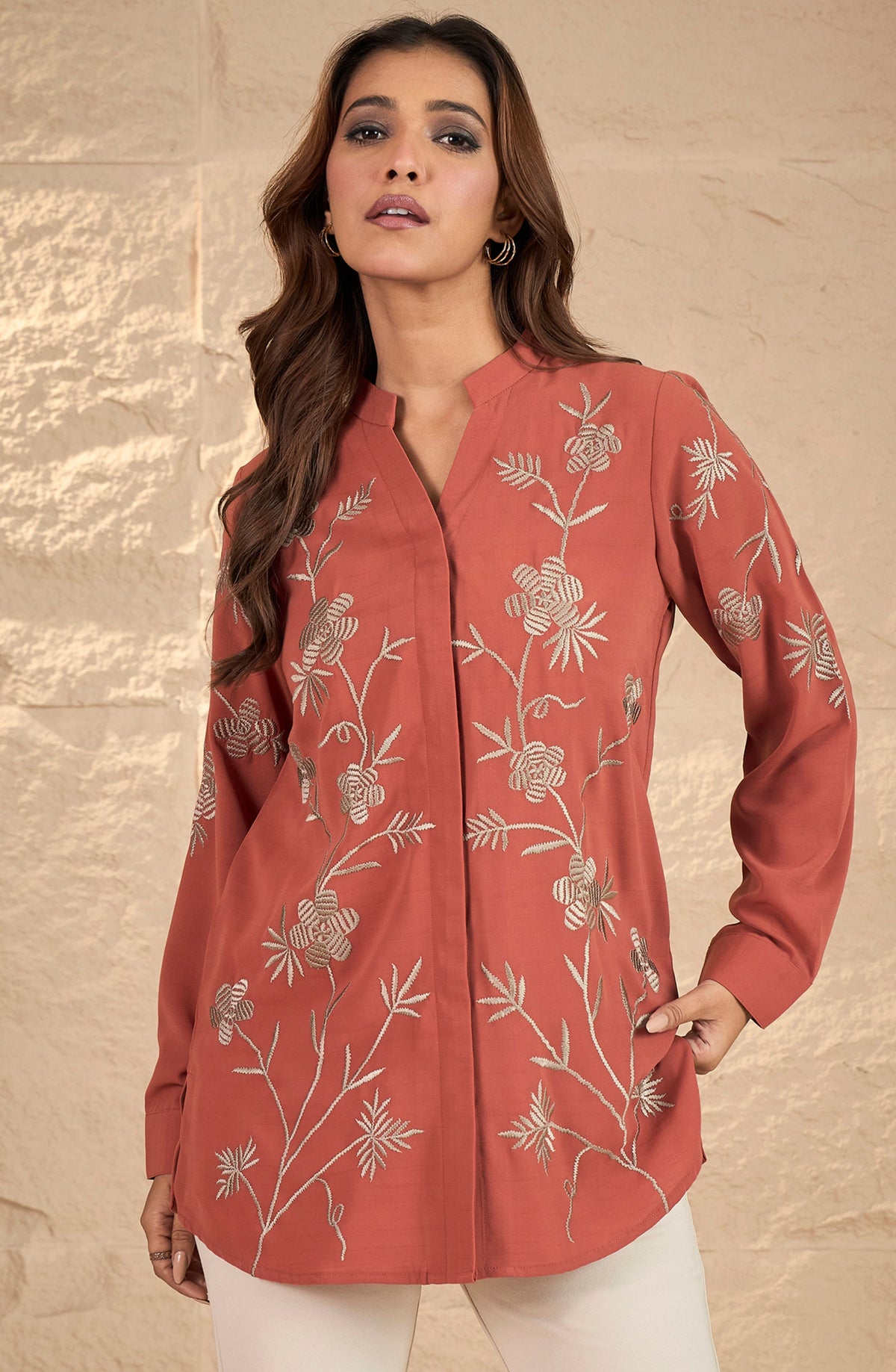 Rust Orange Floral Embroidered Shirt