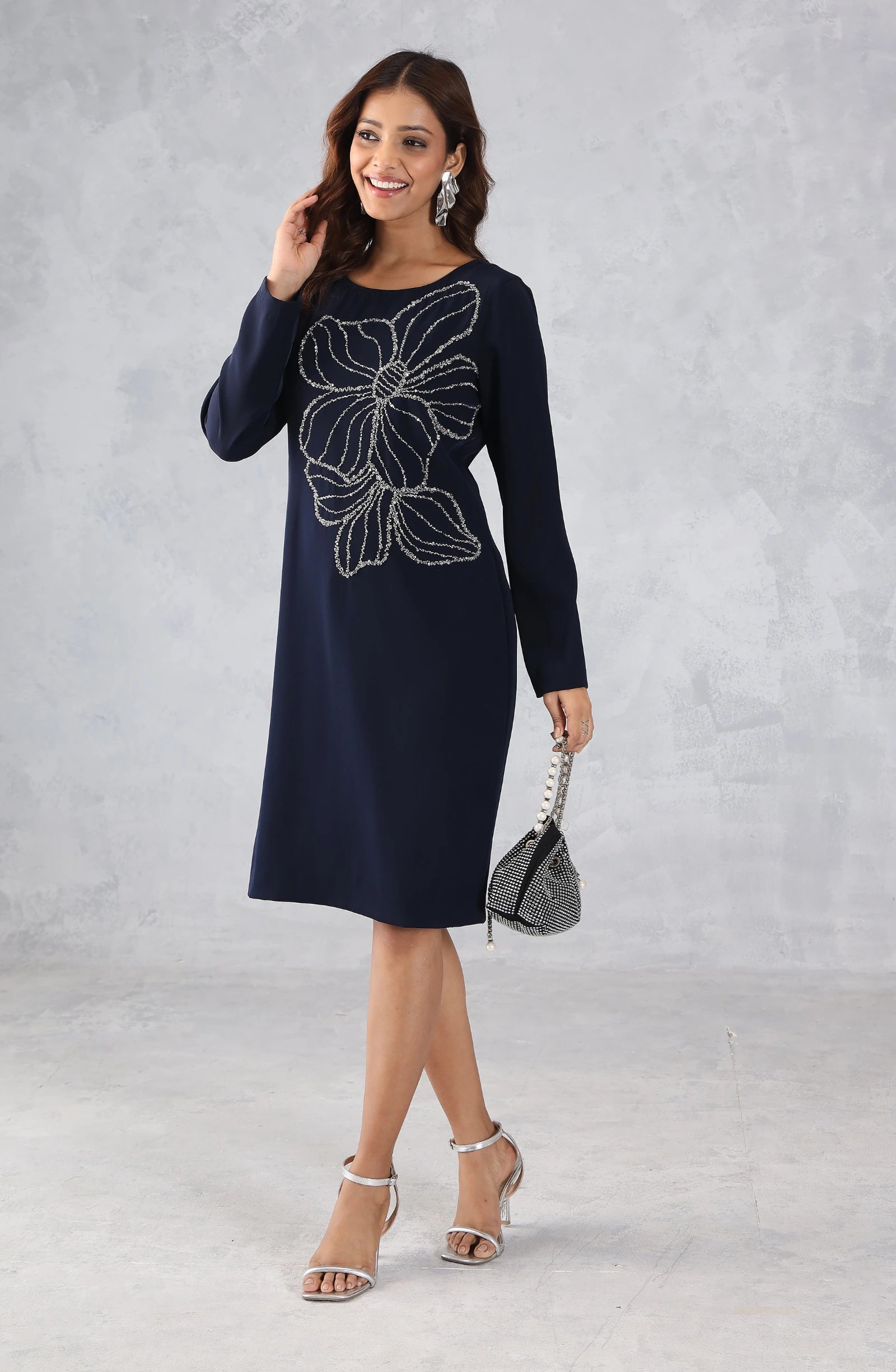 Navy Blue Elegant Embellished Dress