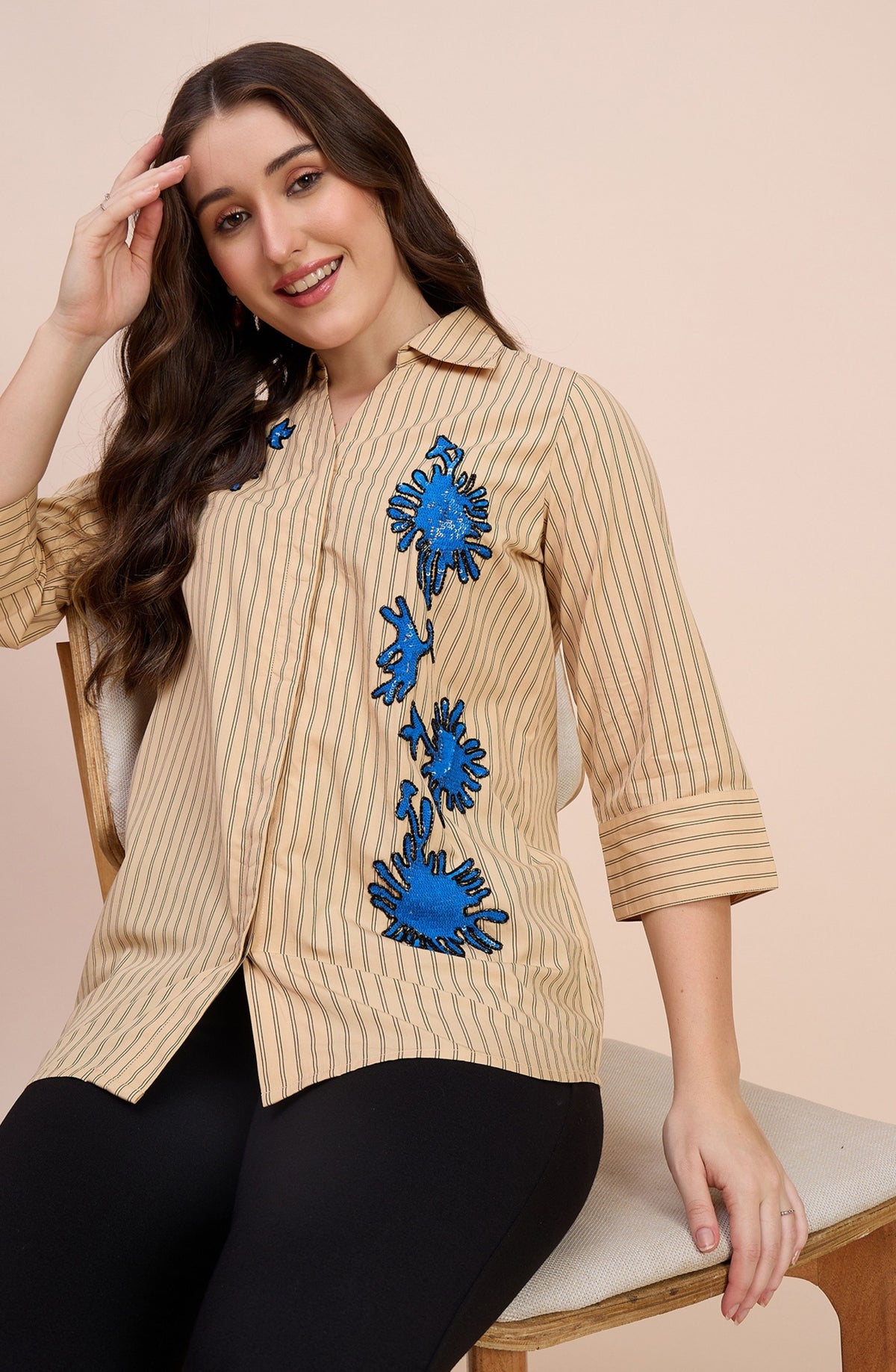 Yellow Striped Shirt with Blue Sequin Coral Motif