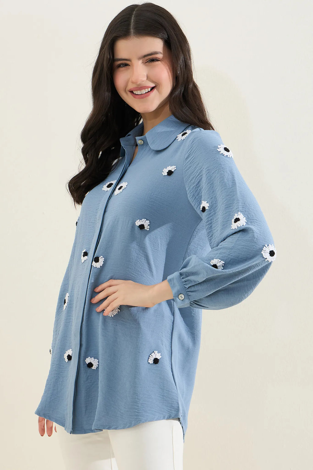 Blue Floral Embroidered Shirt