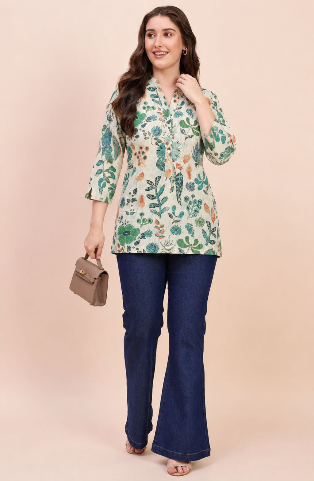 Ivory & Teal Batik Botanical Print Shirt