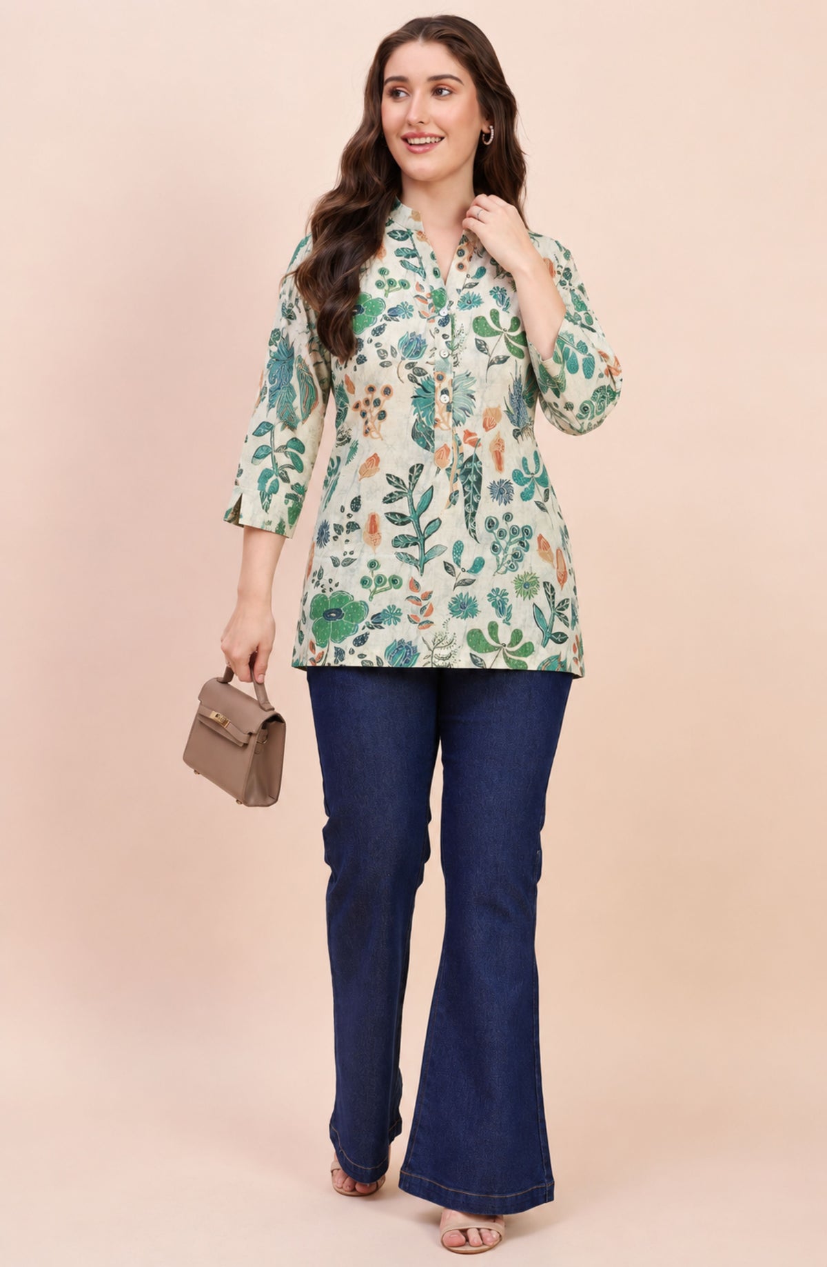 Ivory & Teal Batik Botanical Print Shirt