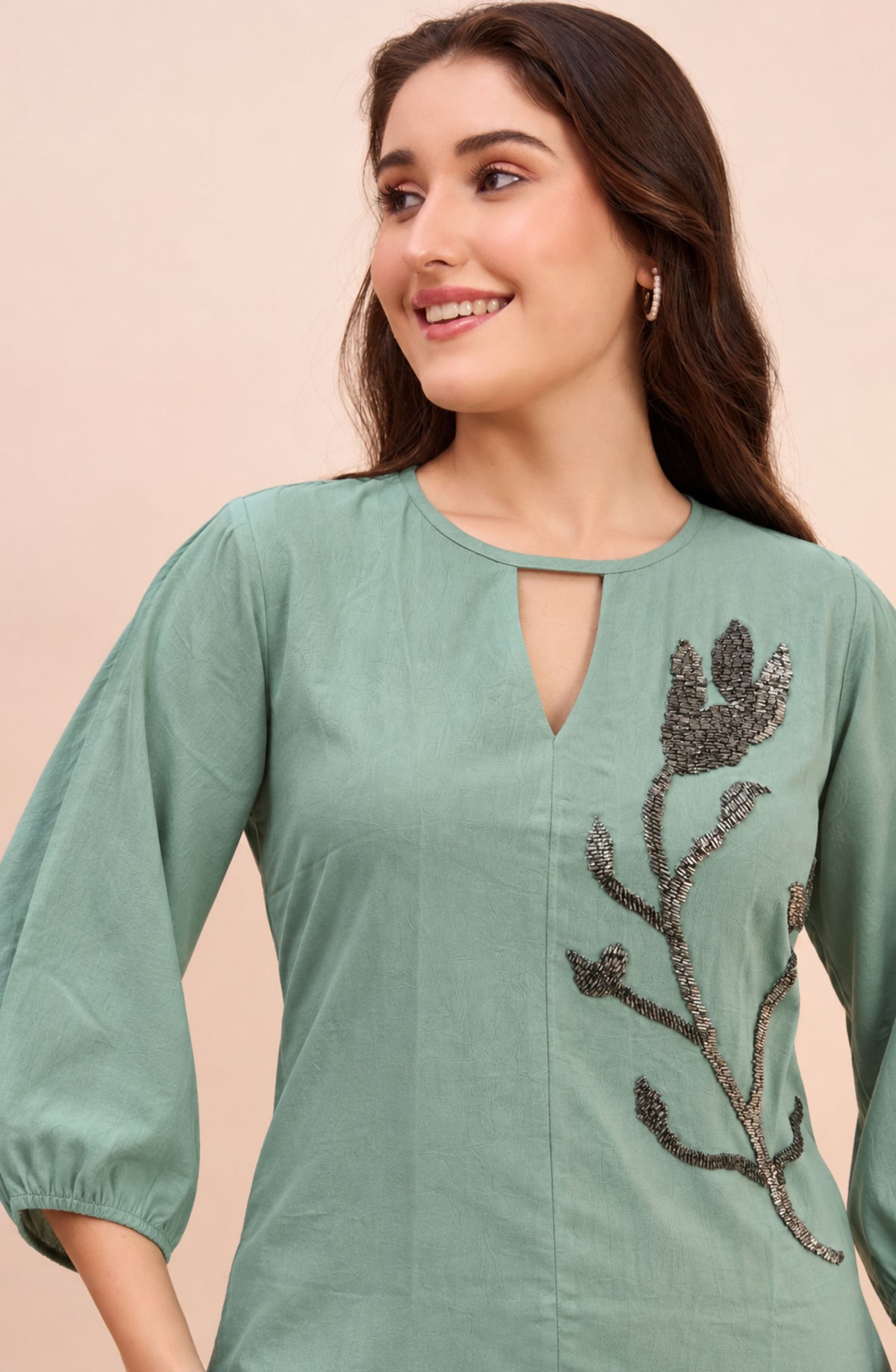 Sage Green Keyhole Neck Embellished Top