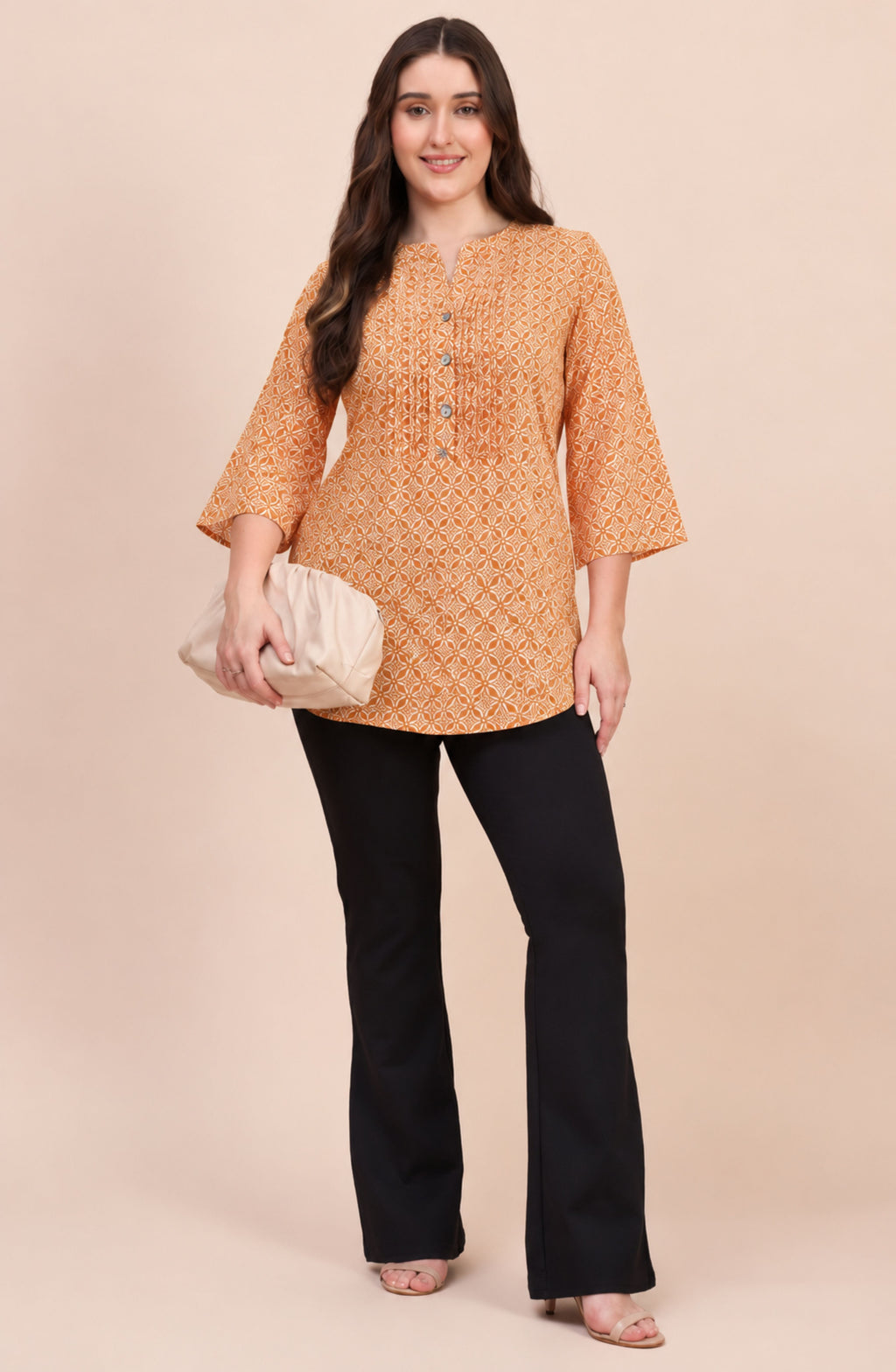 Burnt Orange Geometric Print Pintuck Shirt