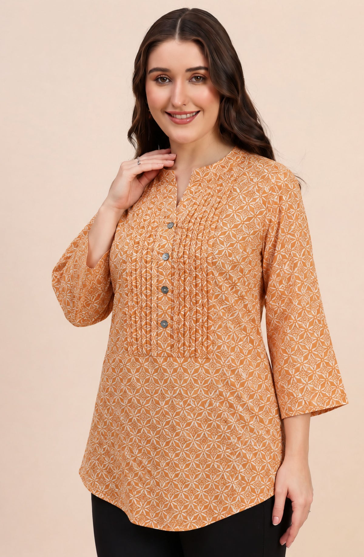Burnt Orange Geometric Print Pintuck Shirt