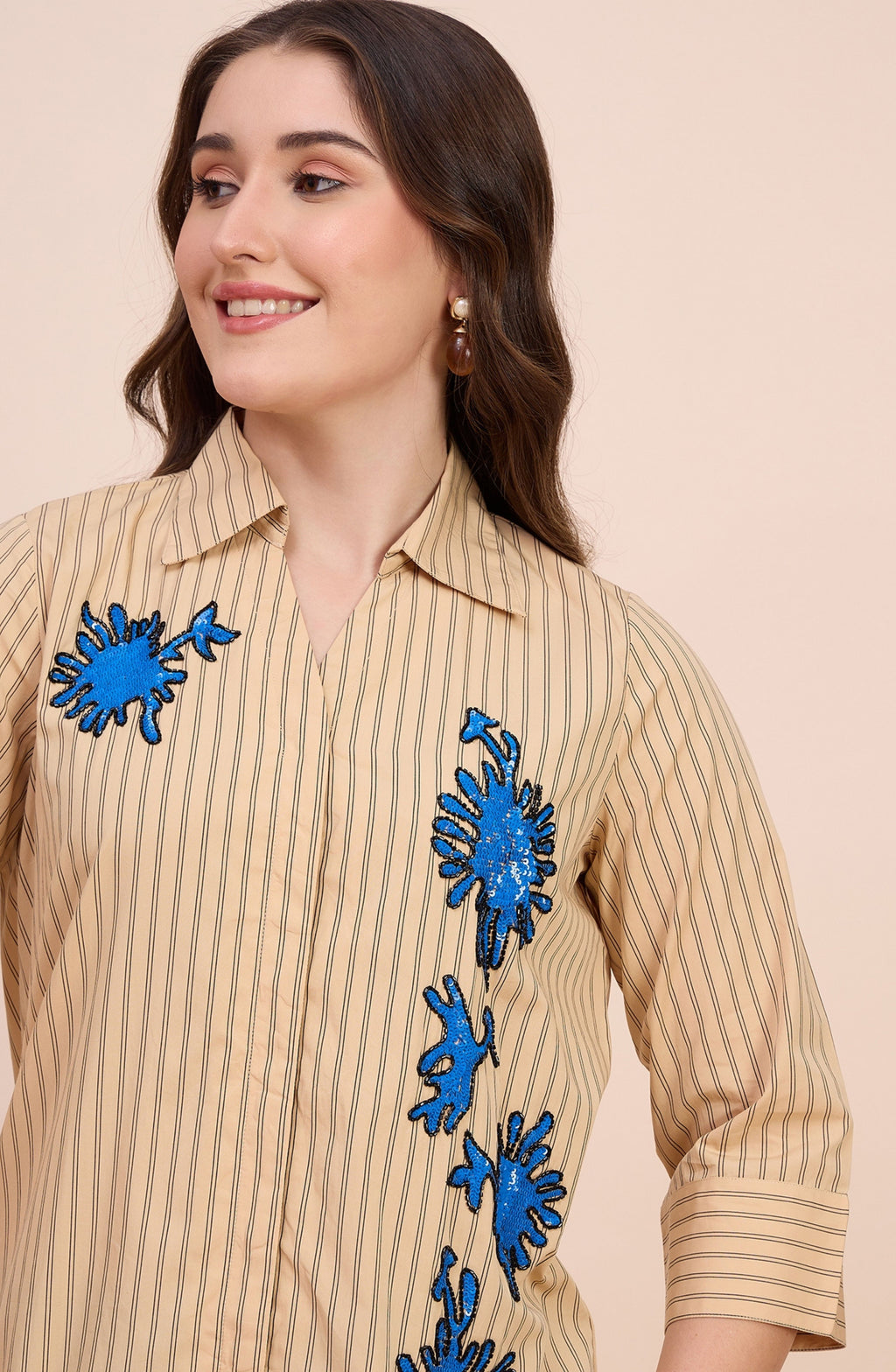 Yellow Striped Shirt with Blue Sequin Coral Motif