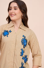 Yellow Striped Shirt with Blue Sequin Coral Motif