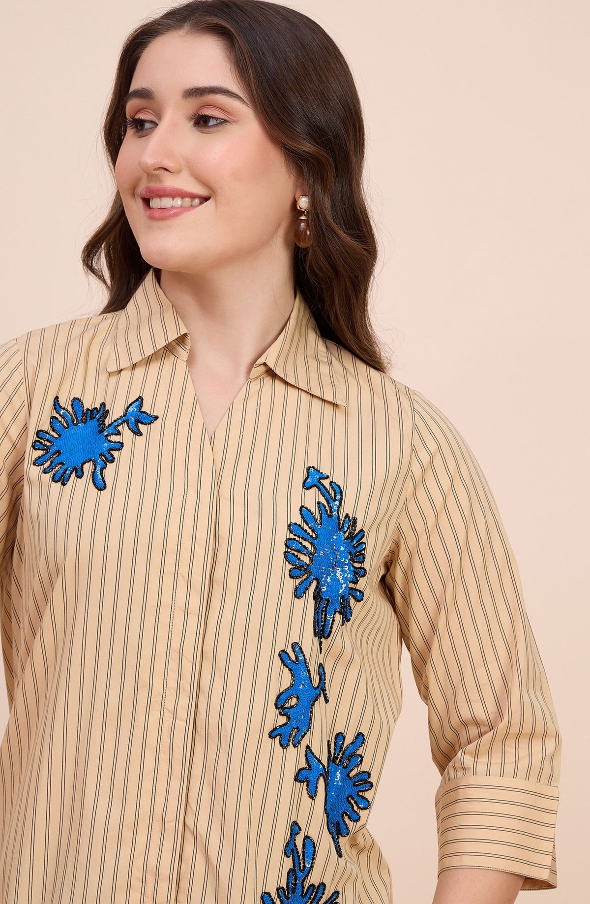 Yellow Striped Shirt with Blue Sequin Coral Motif