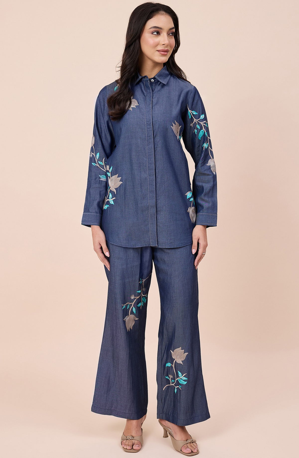 Cotton Denim Floral Embroidered Co-ord Set