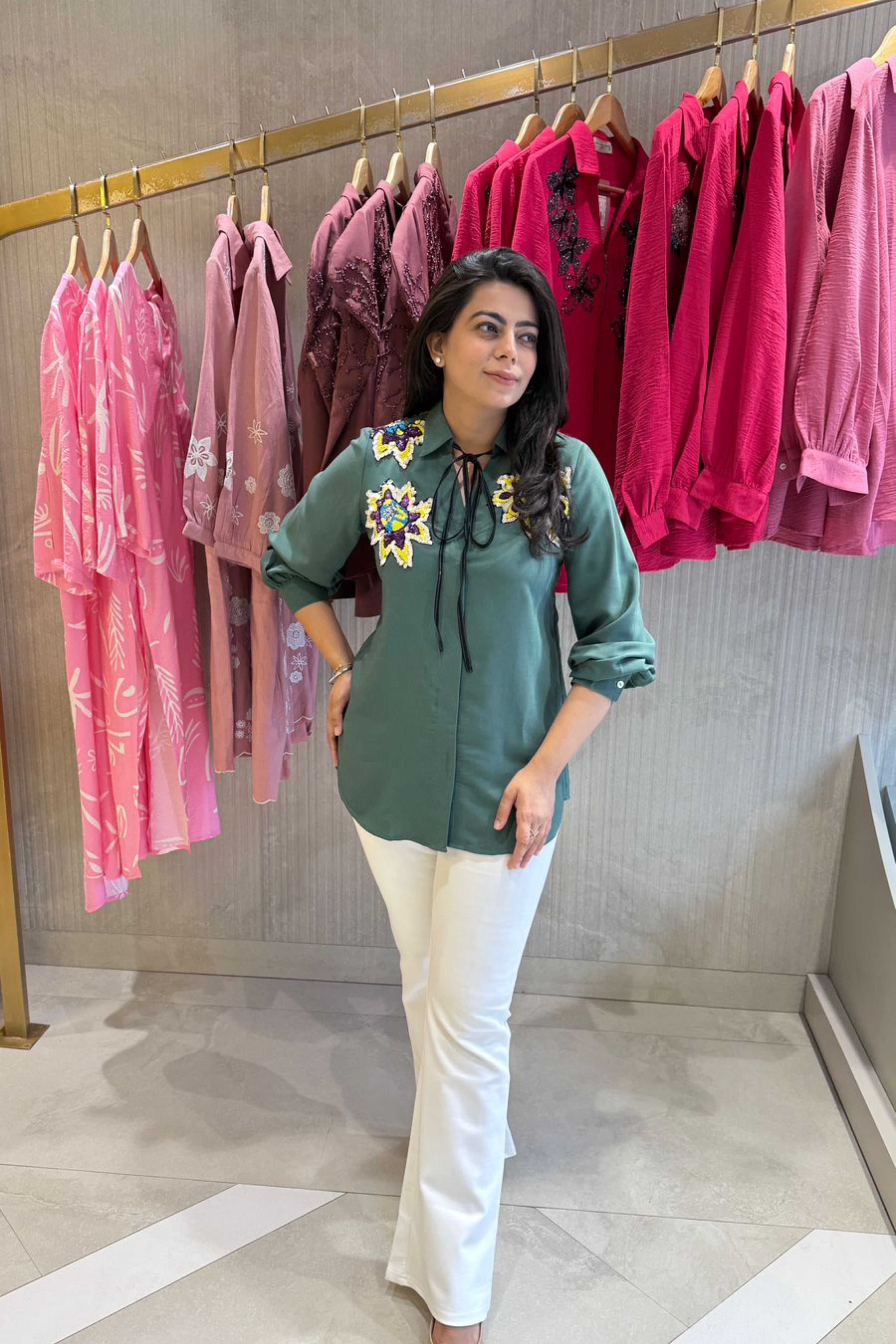 Embellished Knot Style Bottle Green Shirt