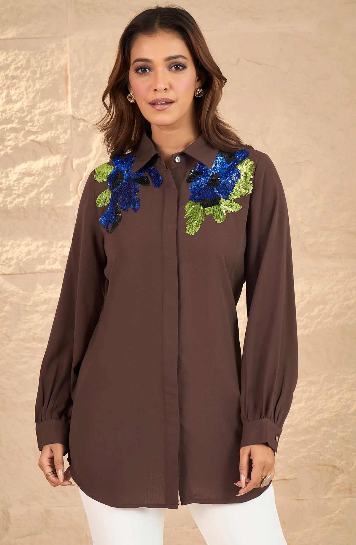 Contrast Brown Embellished Shirt