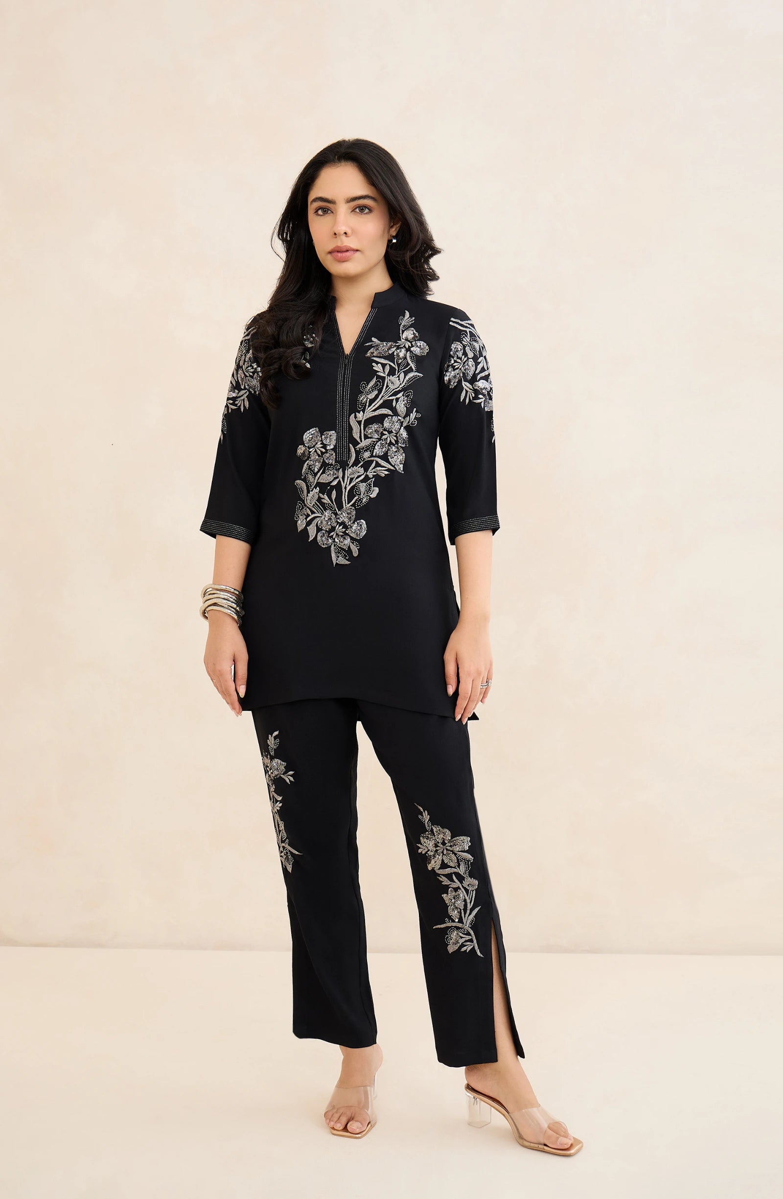 Black and Silver Floral Embellished Co-Ord Set