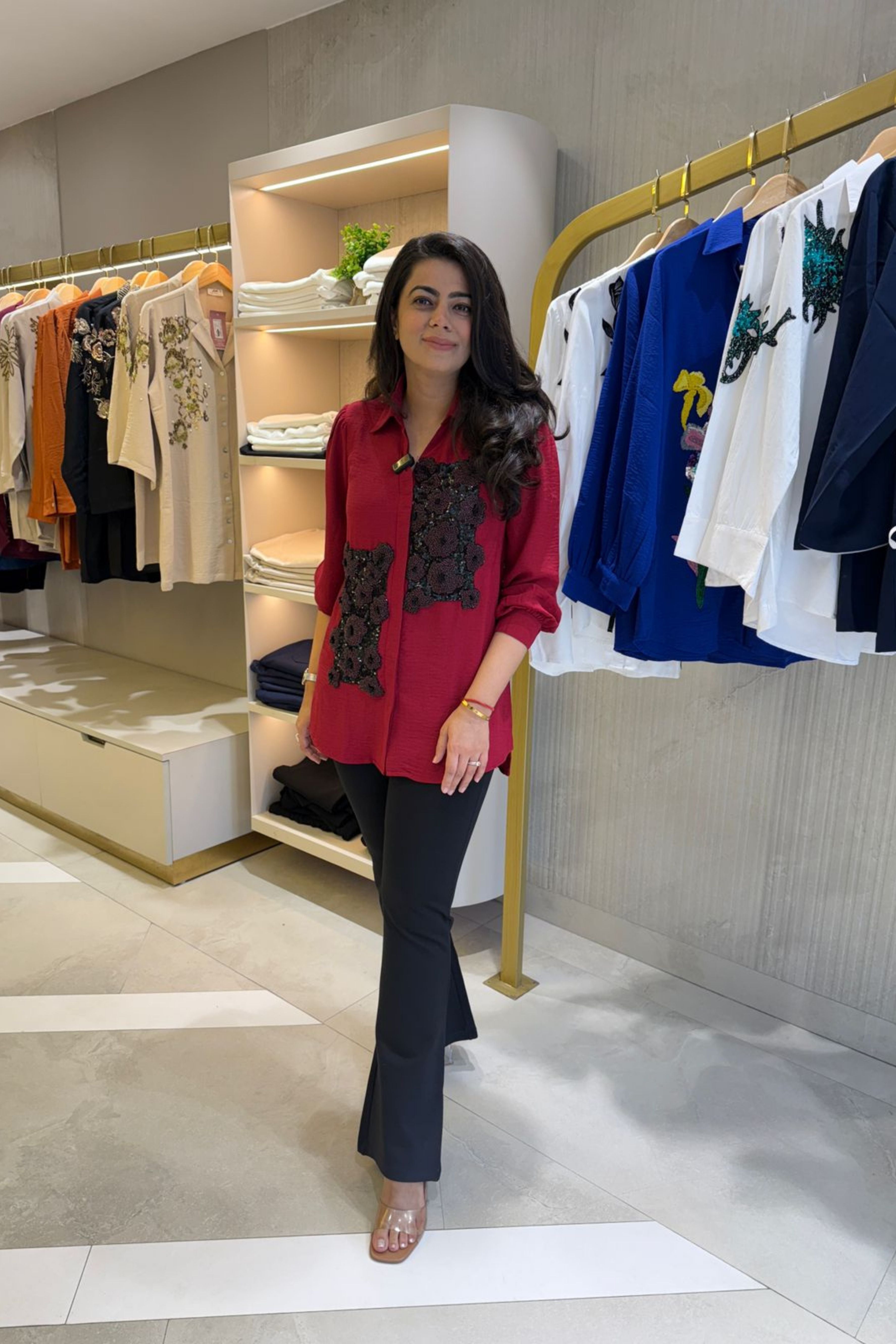 Red Embellished Floral Shirt