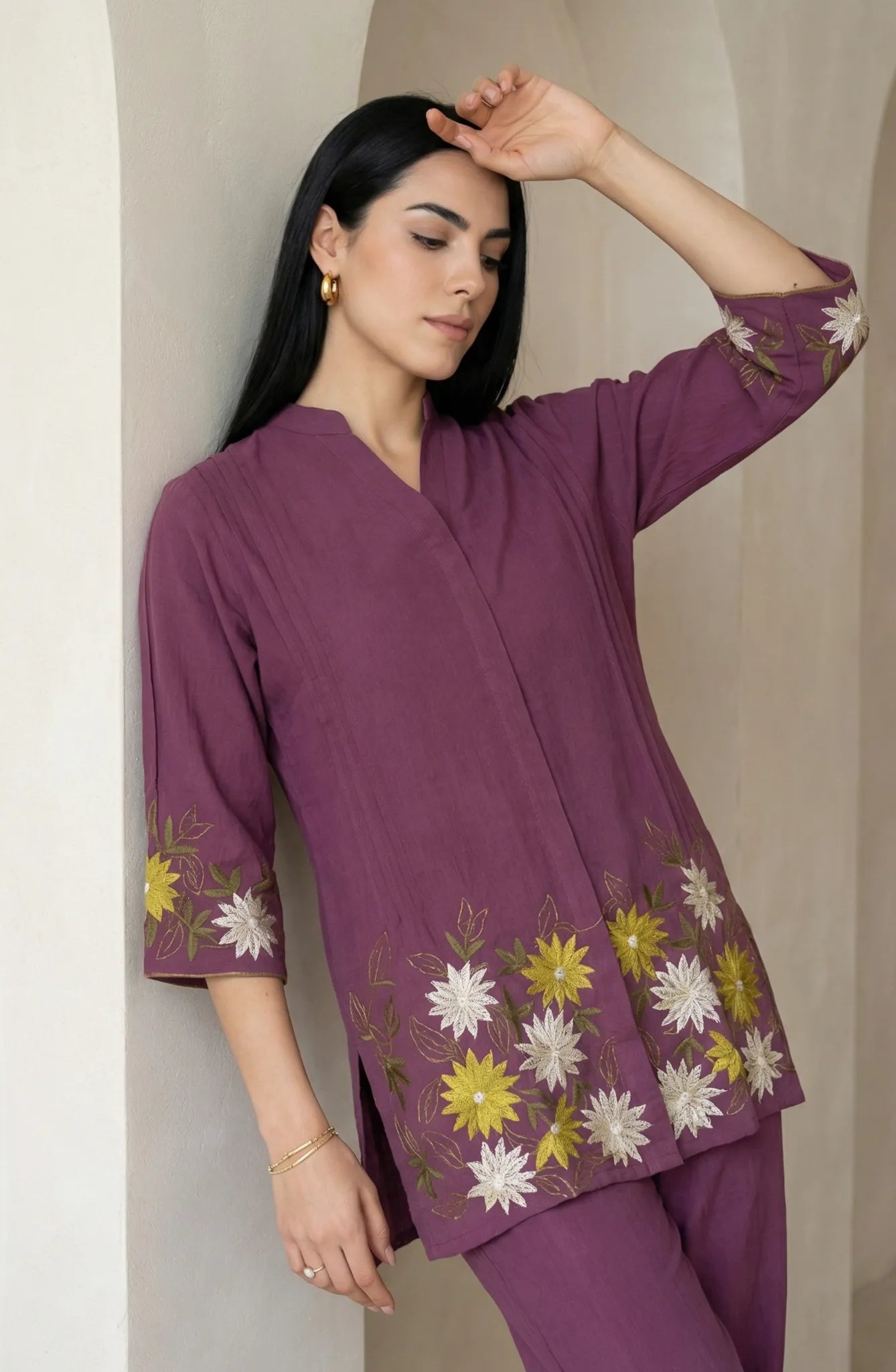 Wine Sunflower Embroidered Co-ord Set