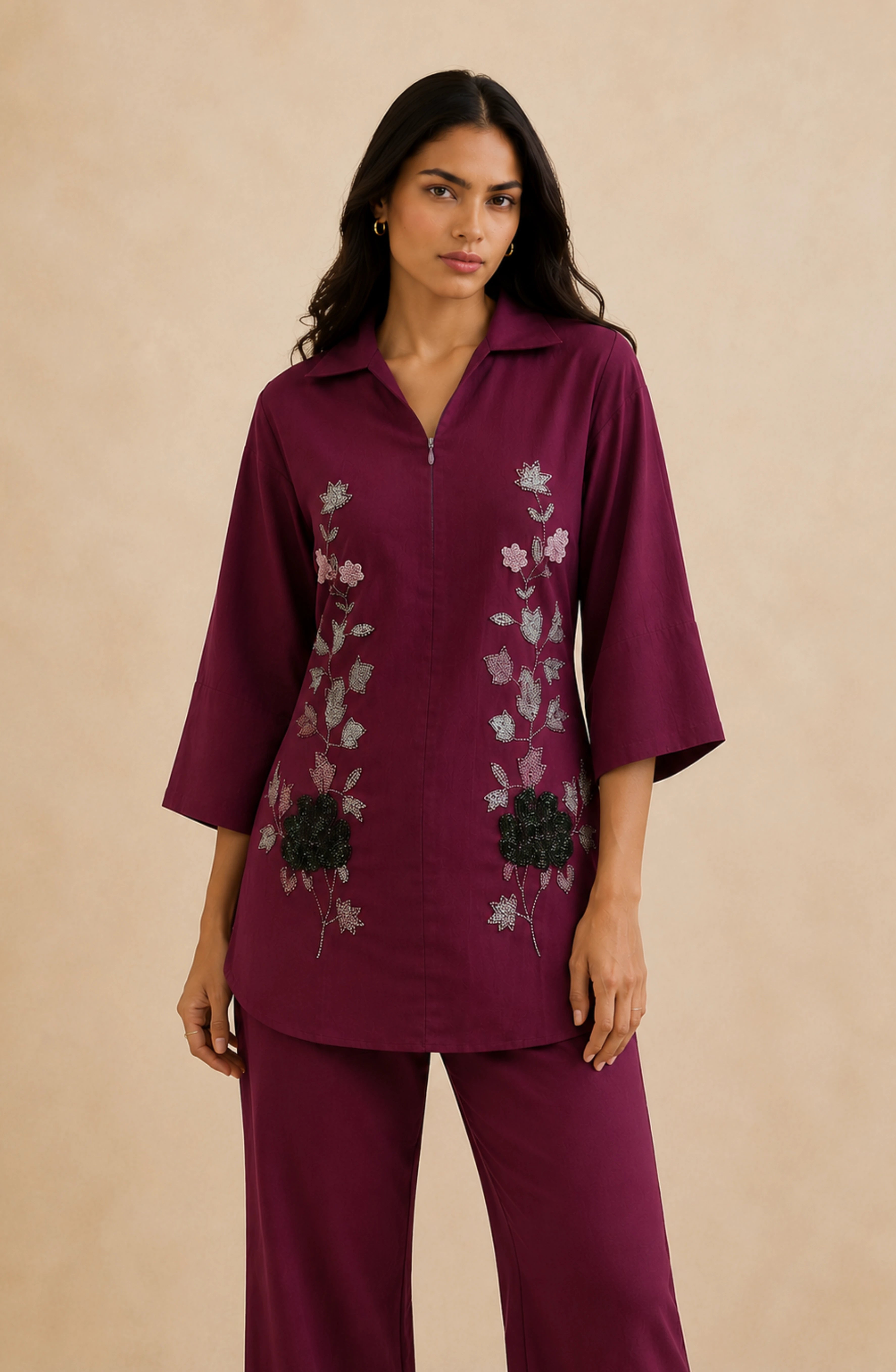 Wine Floral Embellished Co-Ord Set