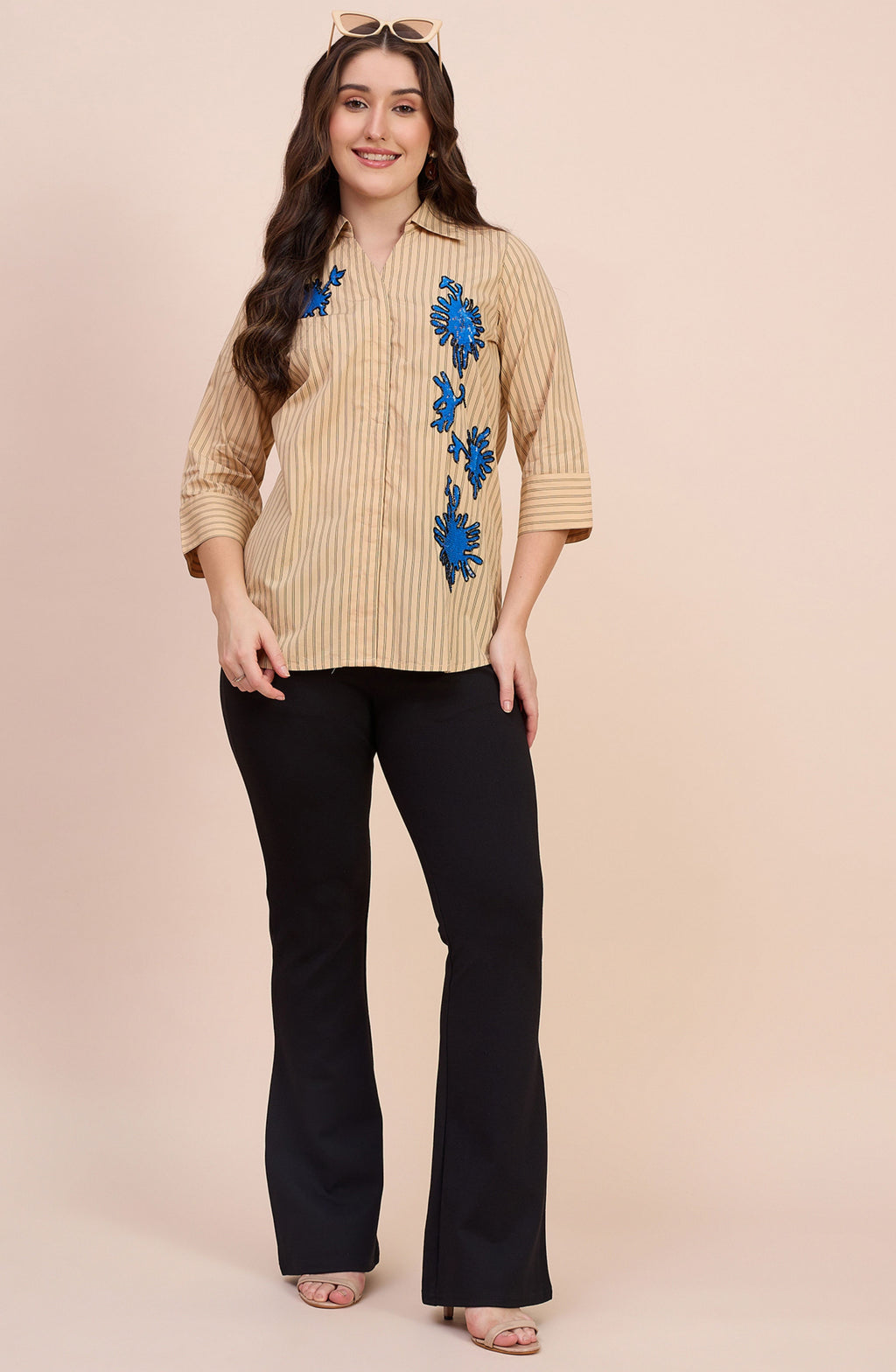 Yellow Striped Shirt with Blue Sequin Coral Motif