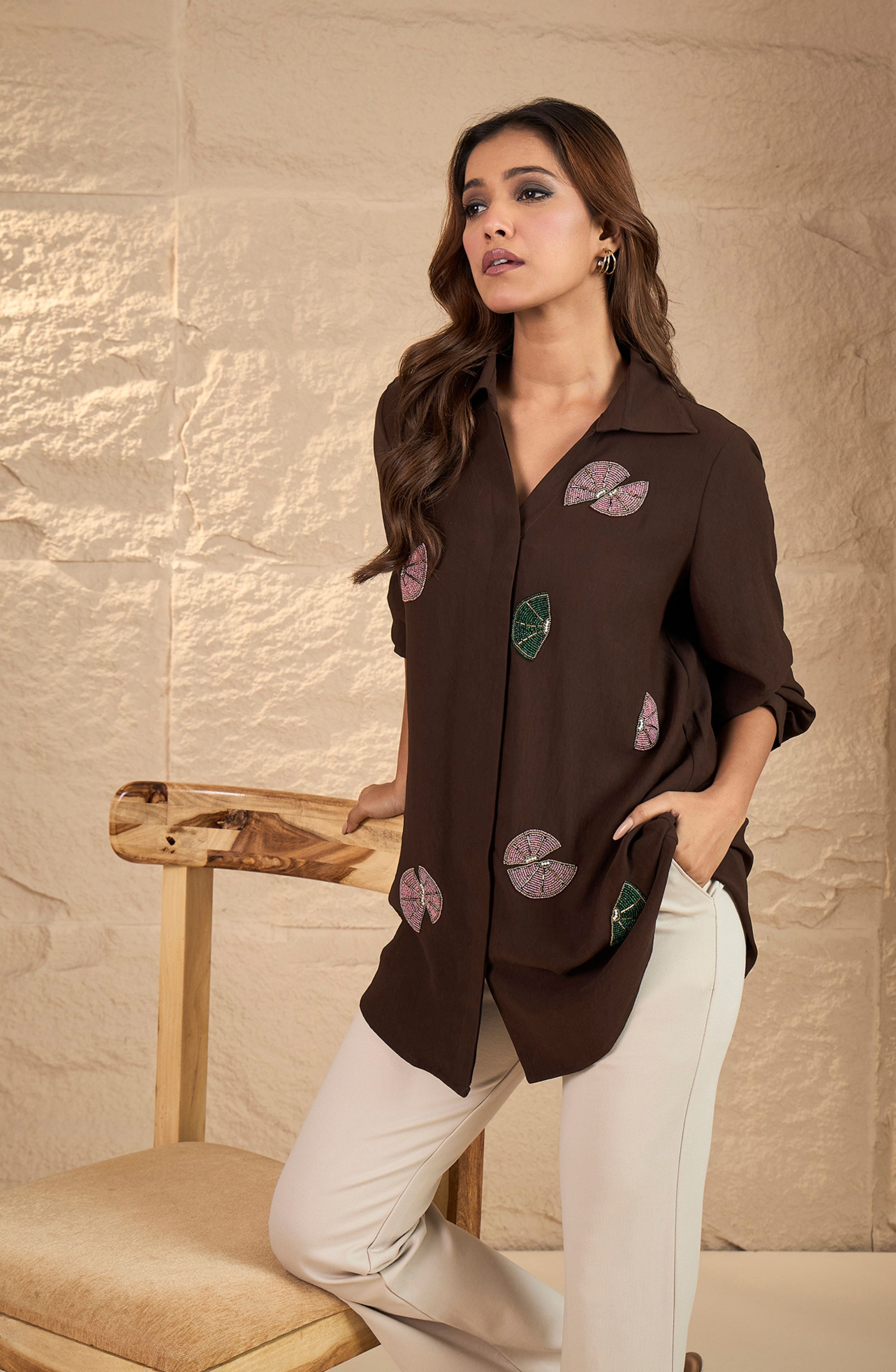 Brown Abstract Embellished Shirt