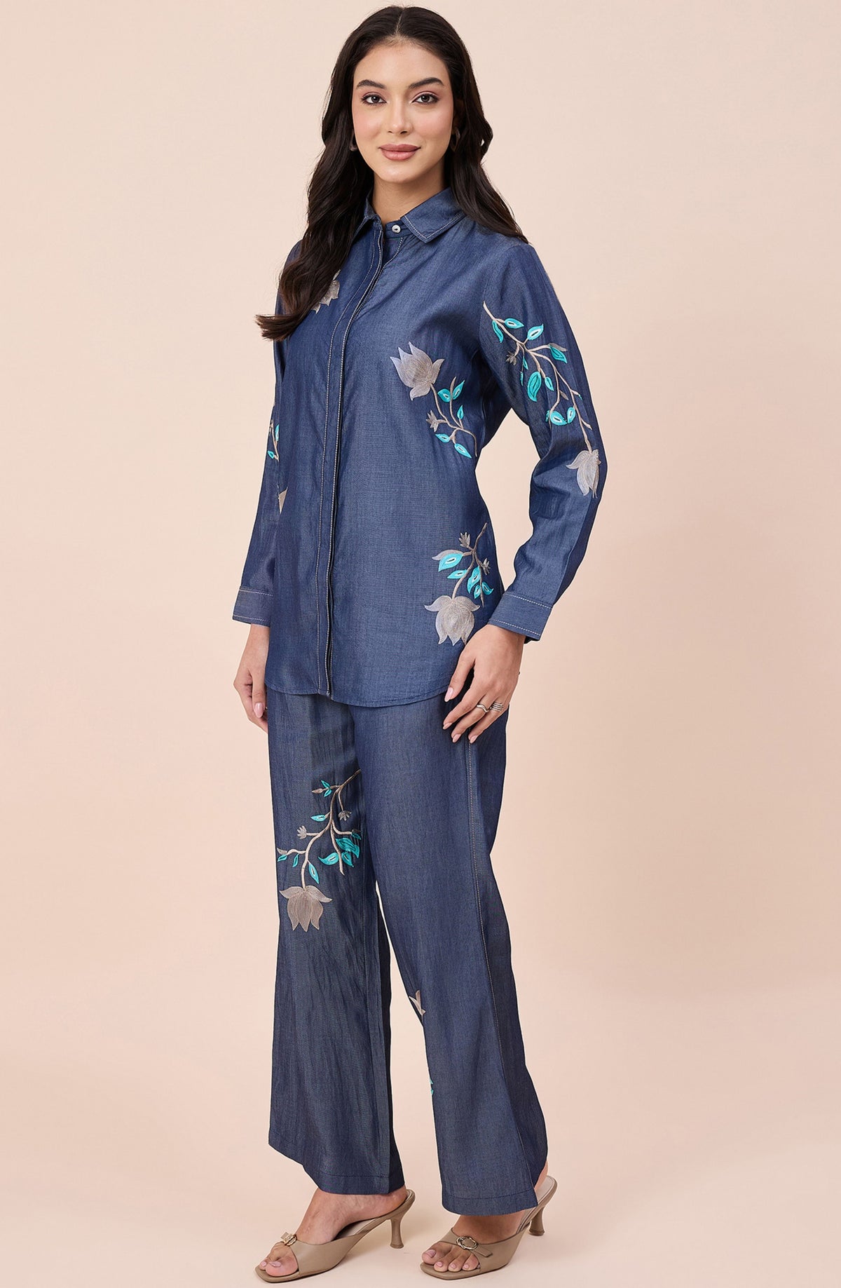 Cotton Denim Floral Embroidered Co-ord Set