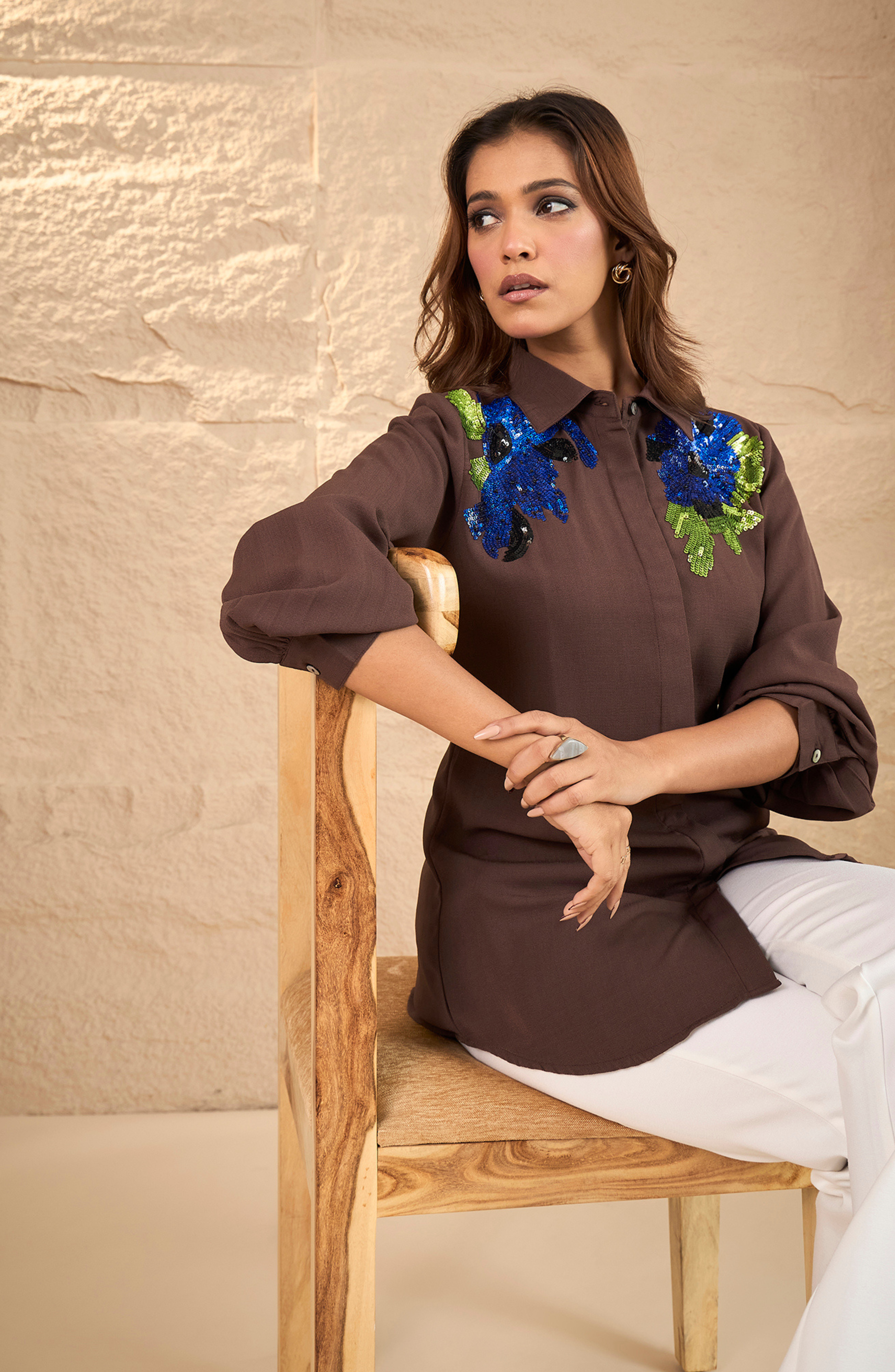 Contrast Brown Embellished Shirt