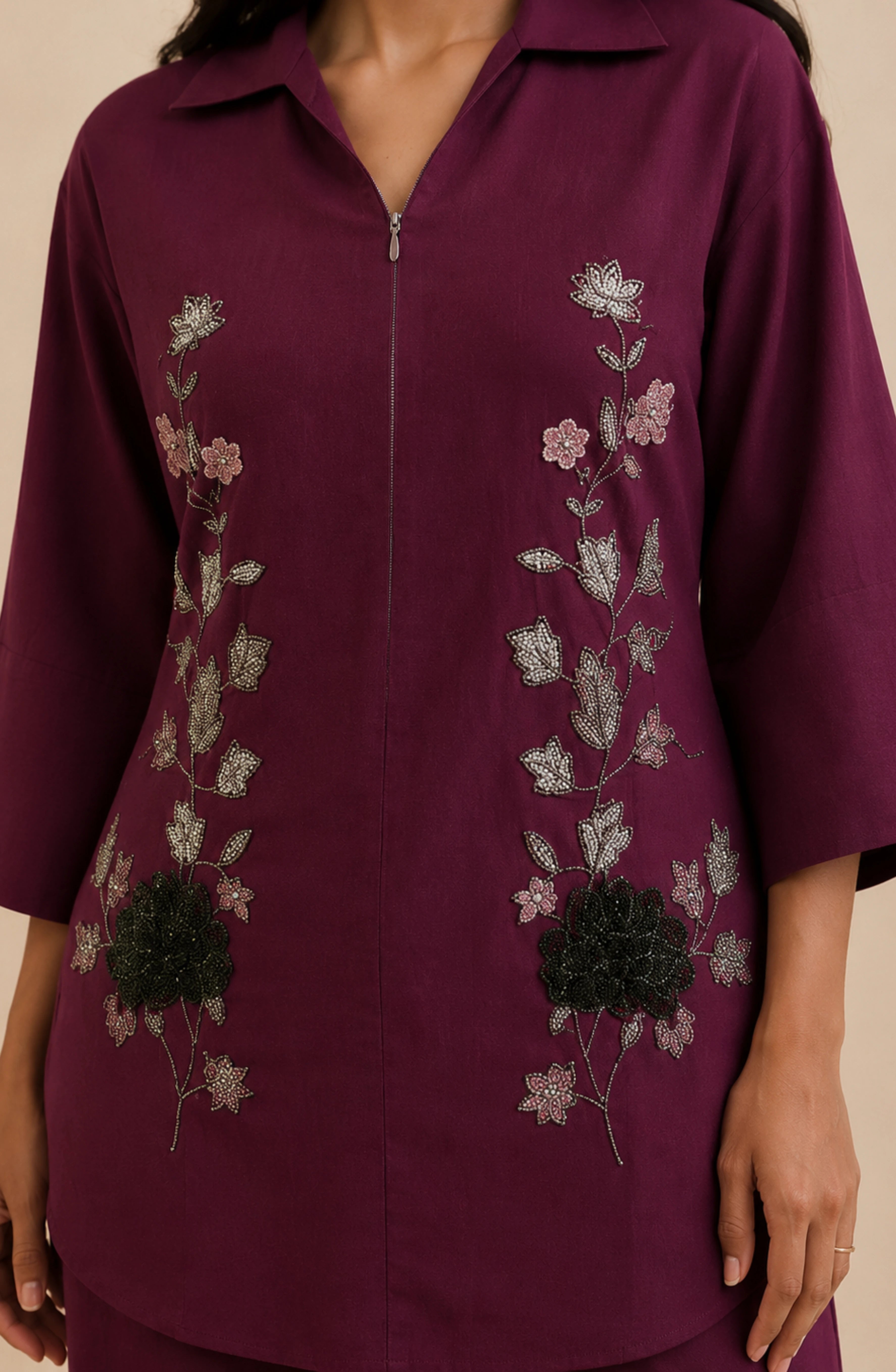 Wine Floral Embellished Co-Ord Set